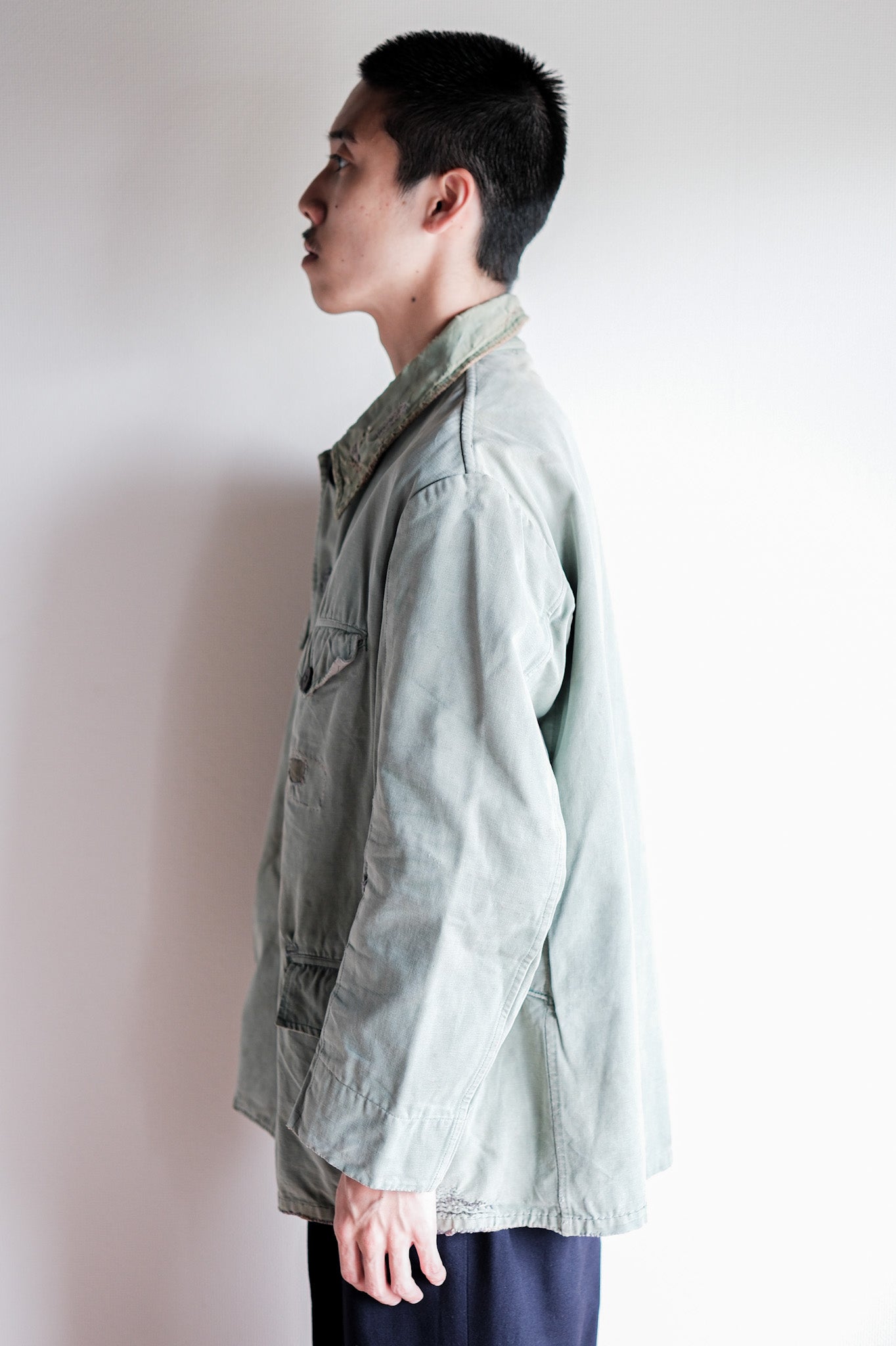 【~50's】French Vintage Green Cotton Canvas Hunting Jacket With Chin Strap "Patchwork"