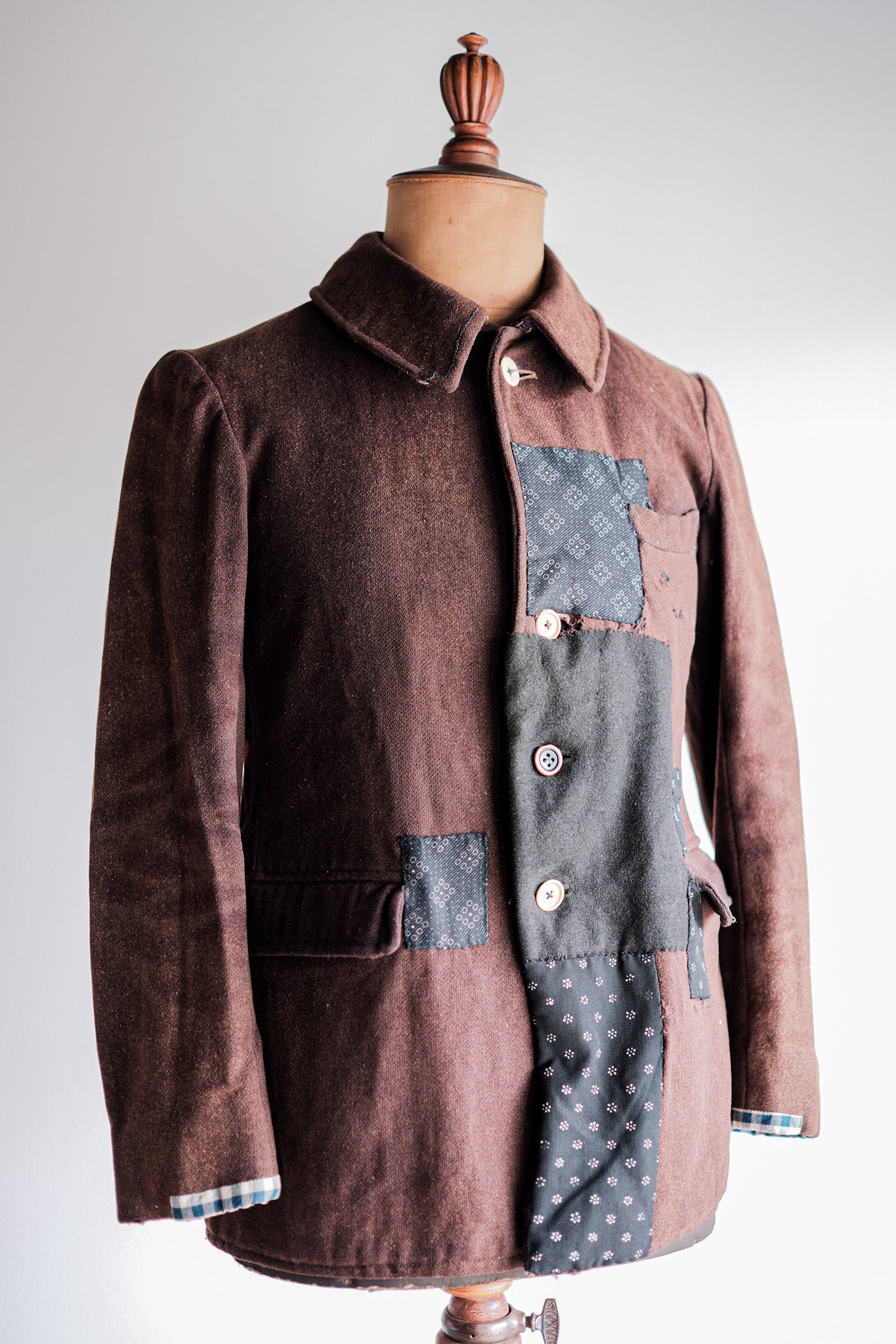 【~20's】French Vintage Brown Wool Work Jacket "Patchwork"