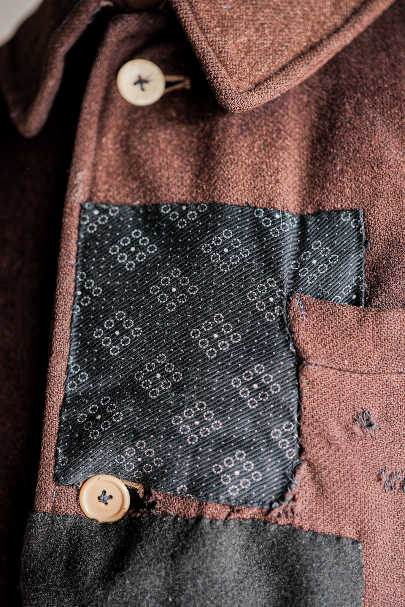 【~20's】French Vintage Brown Wool Work Jacket "Patchwork"