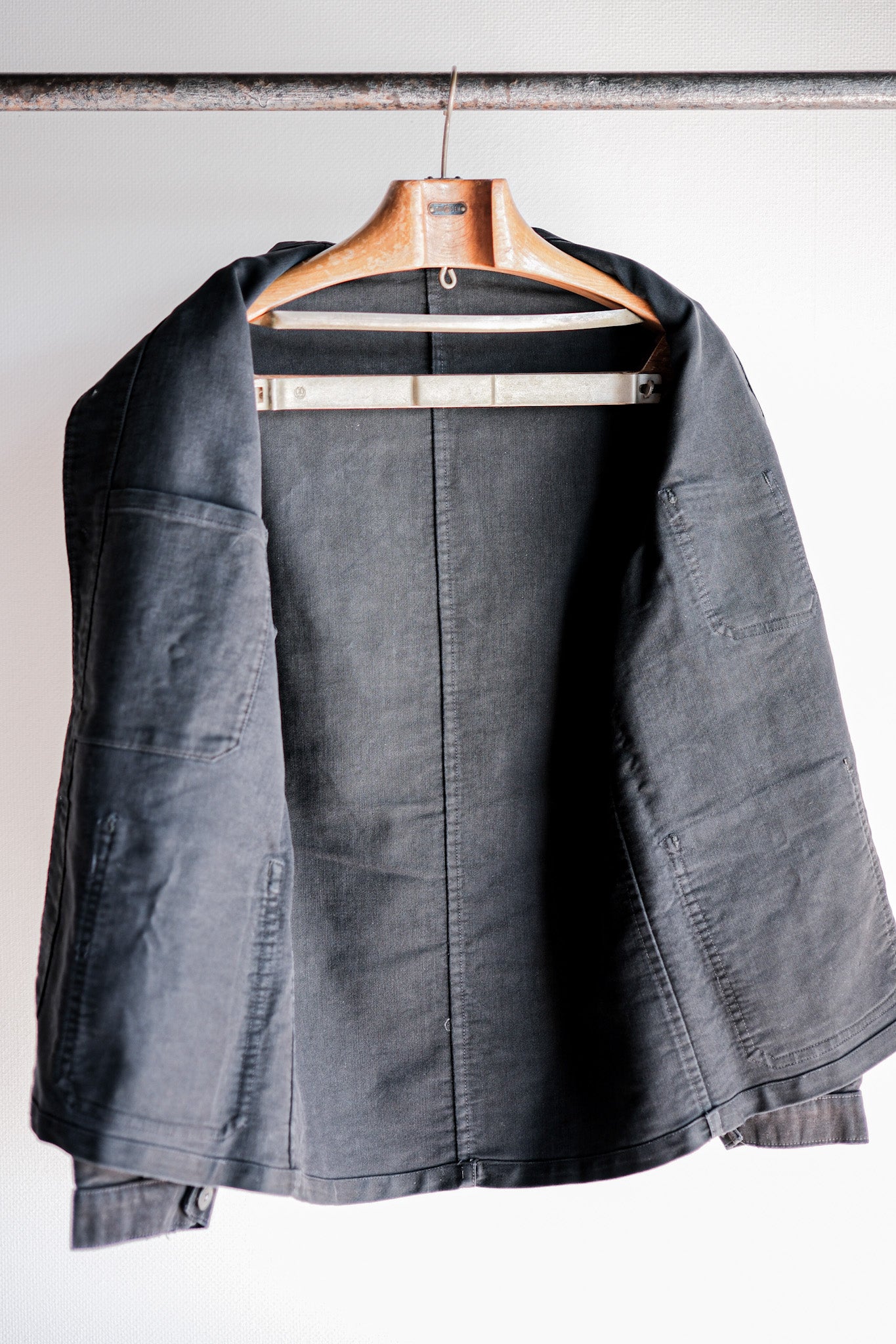 [~ 40 '] 프랑스 빈티지 블랙 몰스킨 작업 재킷 "특이한 주머니"