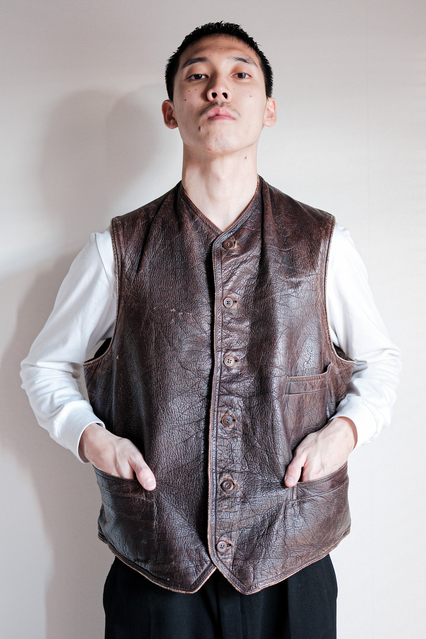 ［~40's］French Vintage Brown Leather Work Gilet