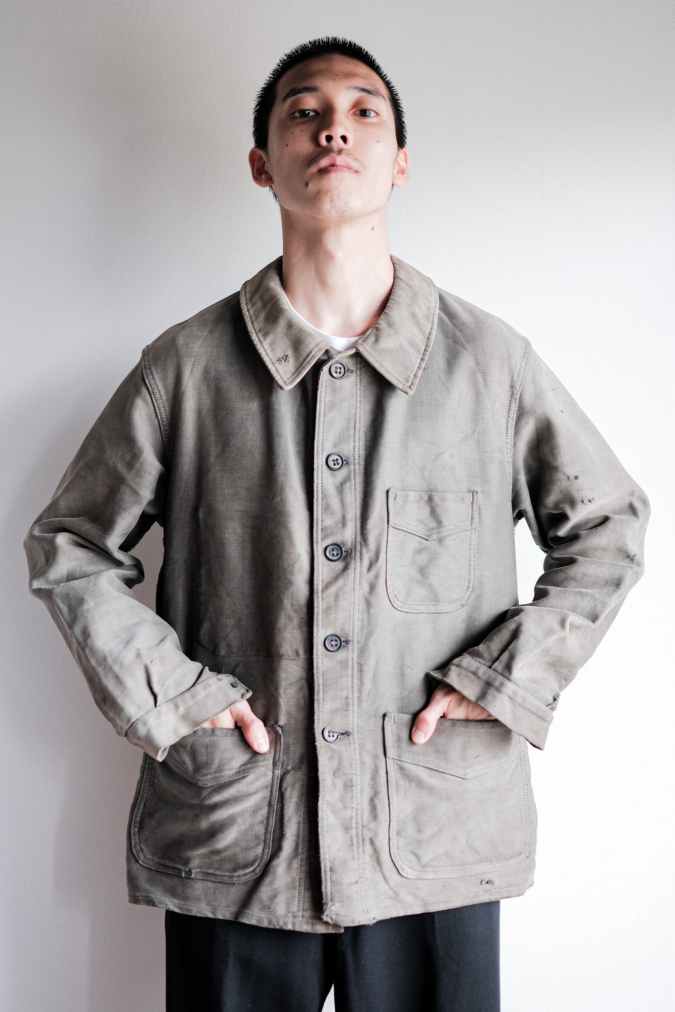 [~40's] French Vintage Black Moleskin Work Jacket "Adolphe Lafont"