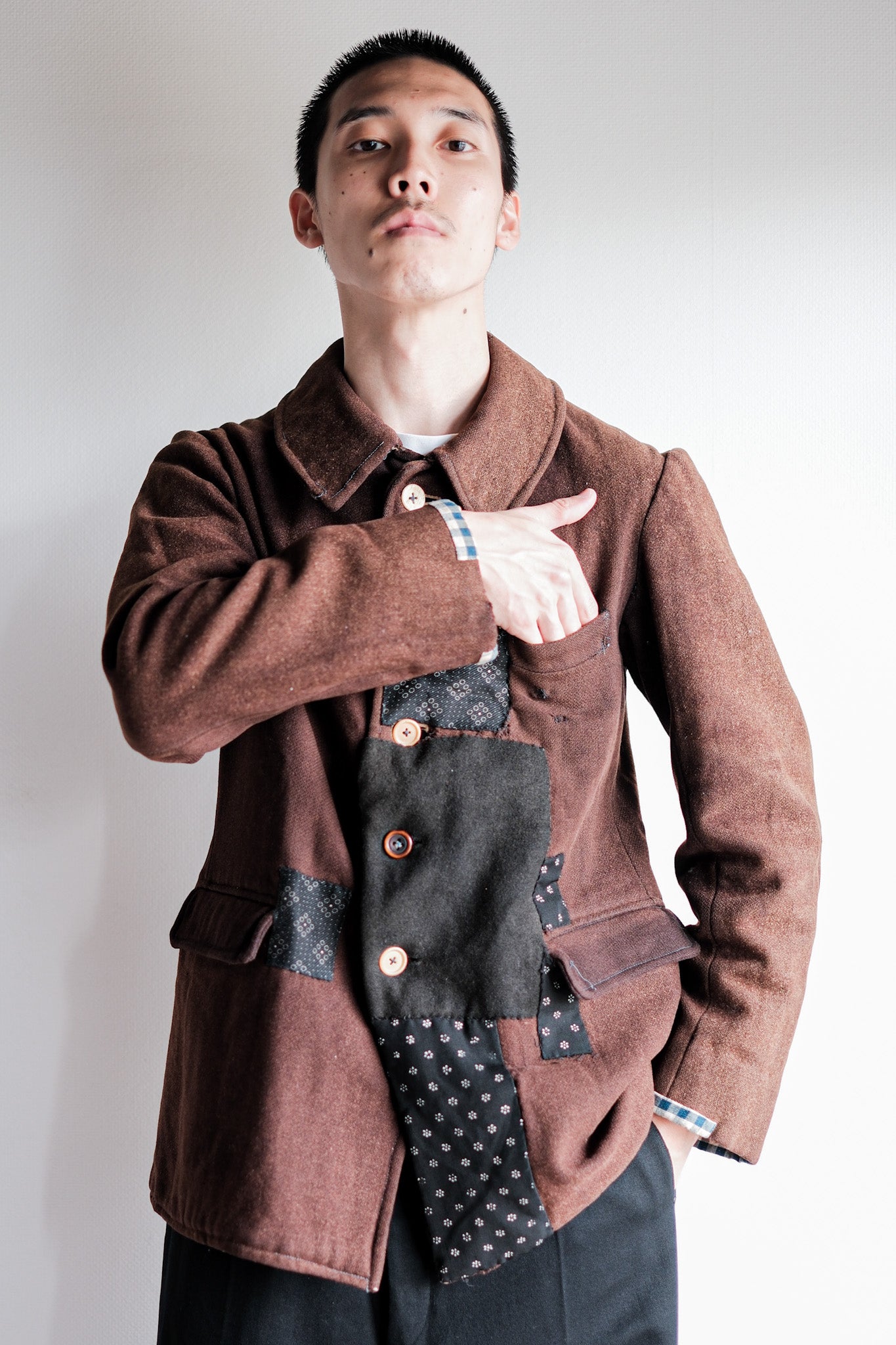 【~20's】French Vintage Brown Wool Work Jacket "Patchwork"