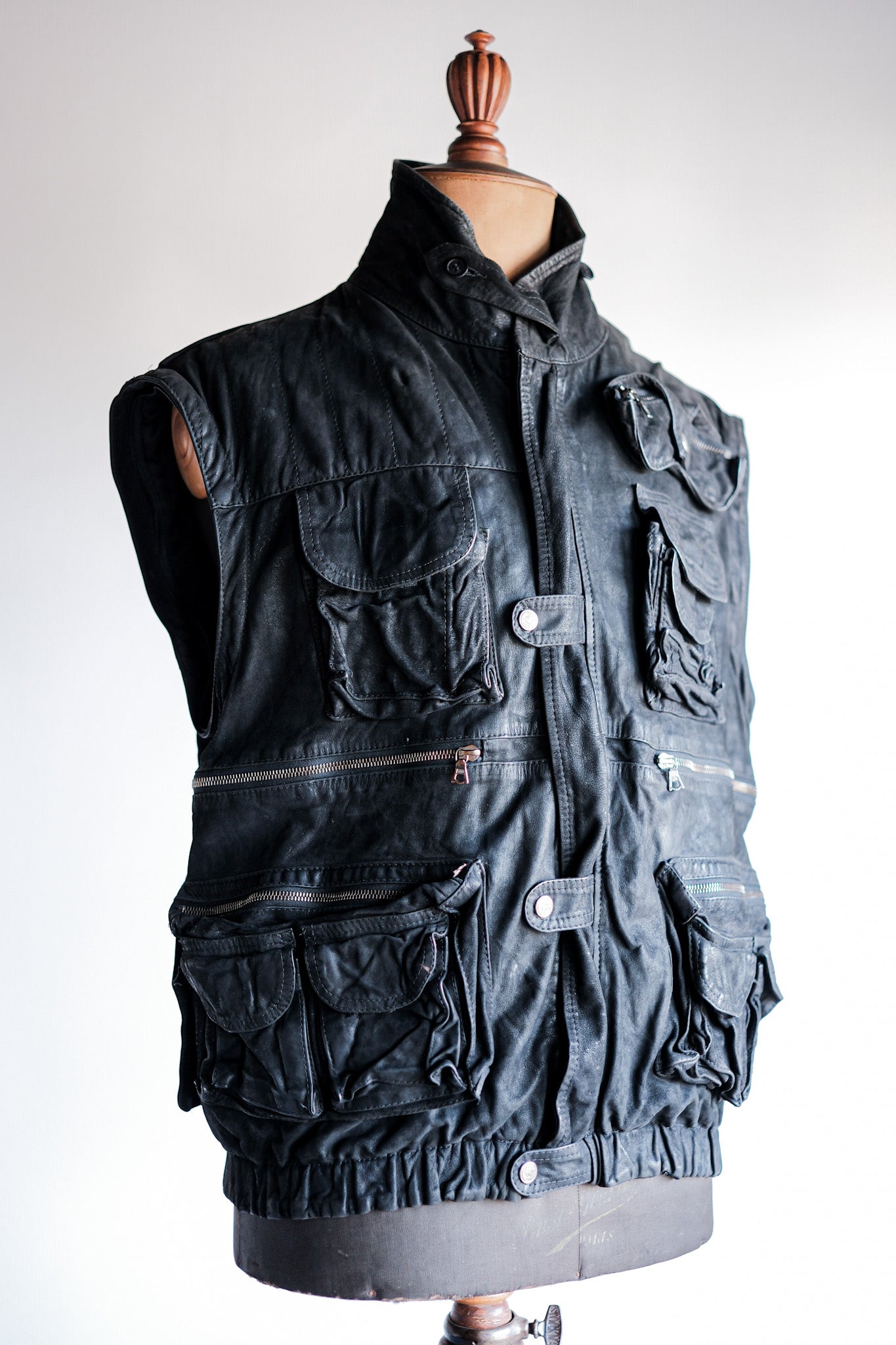 ［~90's］Old Renoma Paris Black Leather Detachable Sleeve Multi Pocket Jacket Size.M