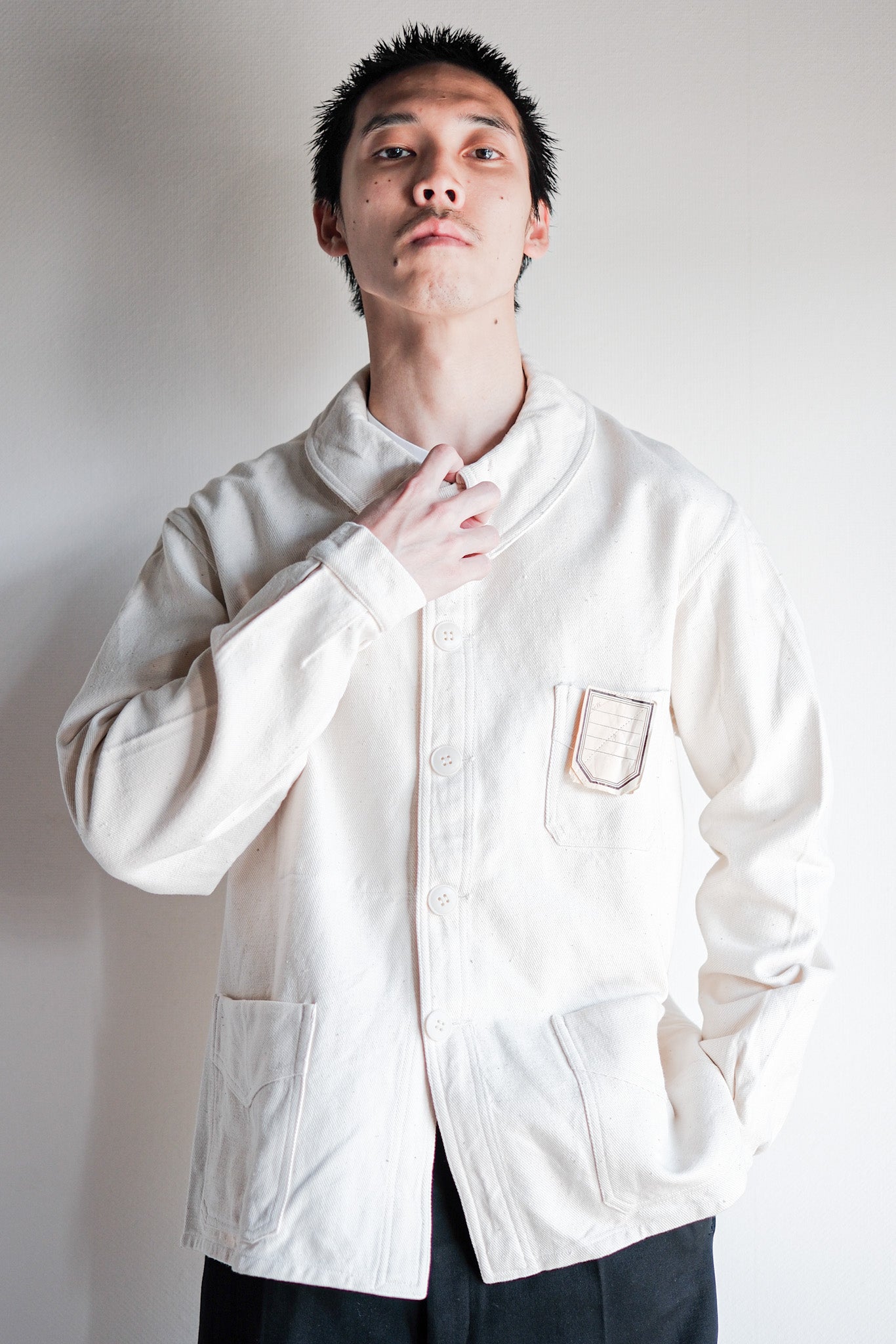 [~ 40's]Français vintage White Cotton Twill Work Jacket Taille.48 « Dead Stock »