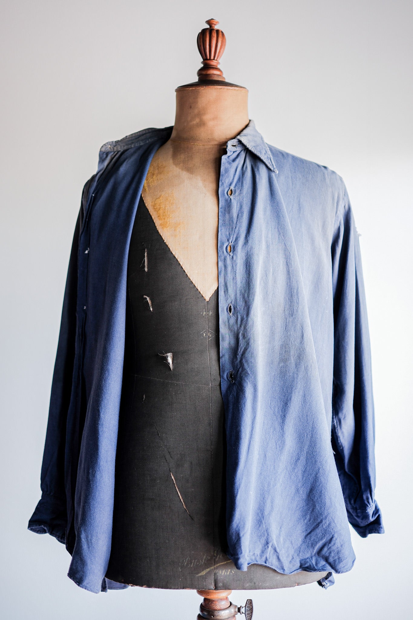 [~ 40 '] 프랑스 빈티지 인디고 리넨 작업 셔츠