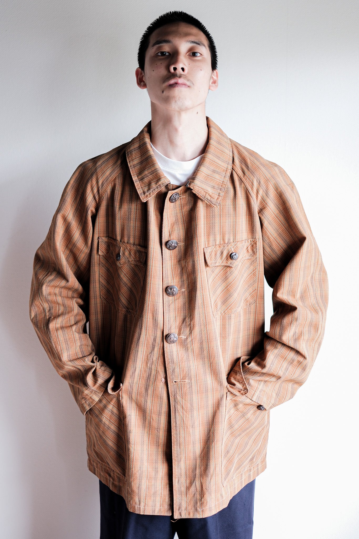 ［~50's］French Vintage Brown Cotton Striped Raglan Sleeve Hunting Jacket With Chin Strap "Unusual Pattern"