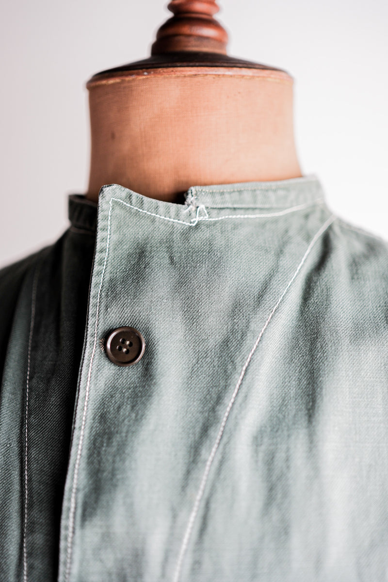 【~50's】French Vintage Green Cotton Twill 4 Pockets Work Jacket "Unusual Pattern"