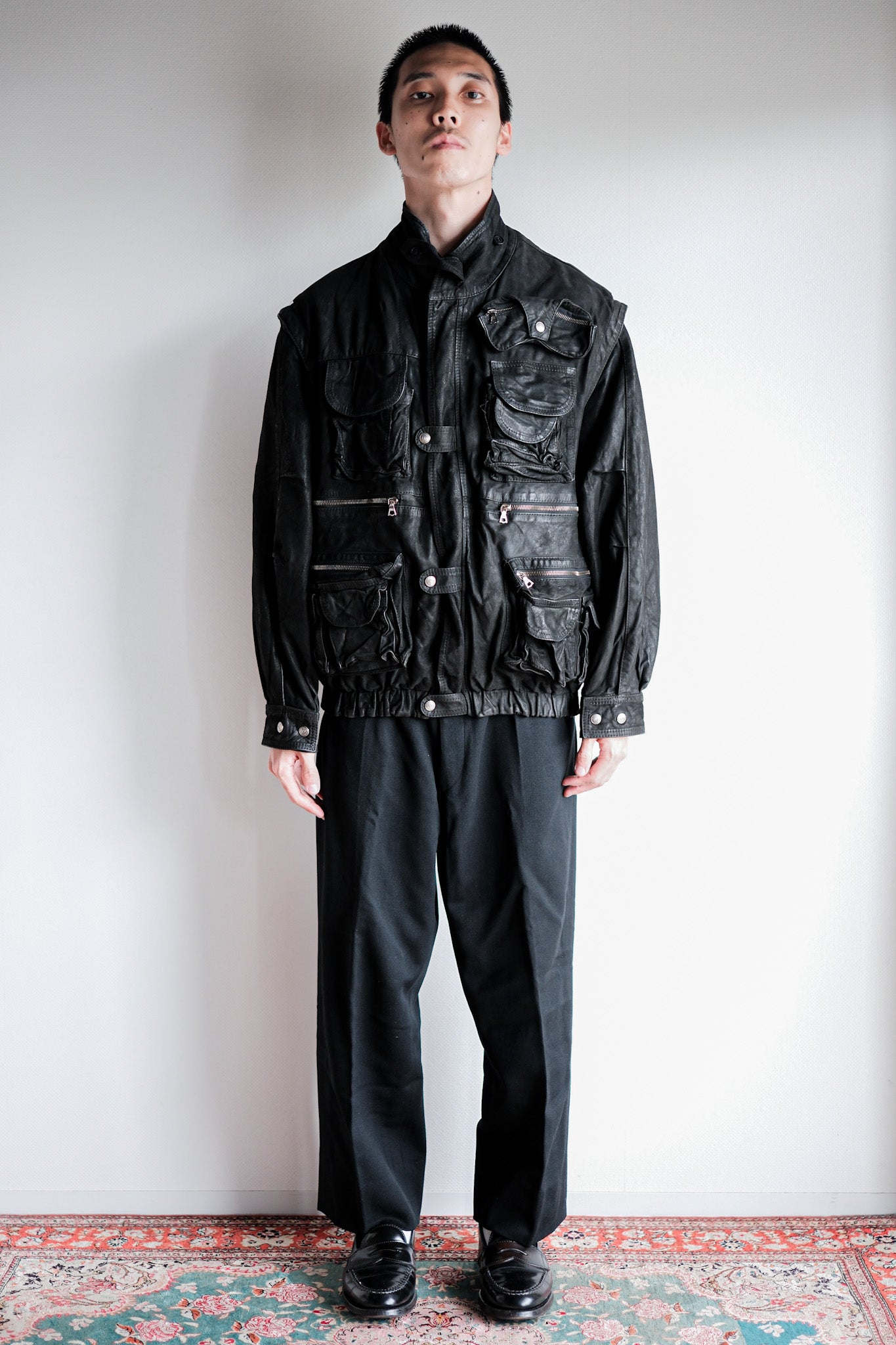 【~90's】Old Renoma Paris Black Leather Detachable Sleeve Multi Pocket Jacket Size。 M