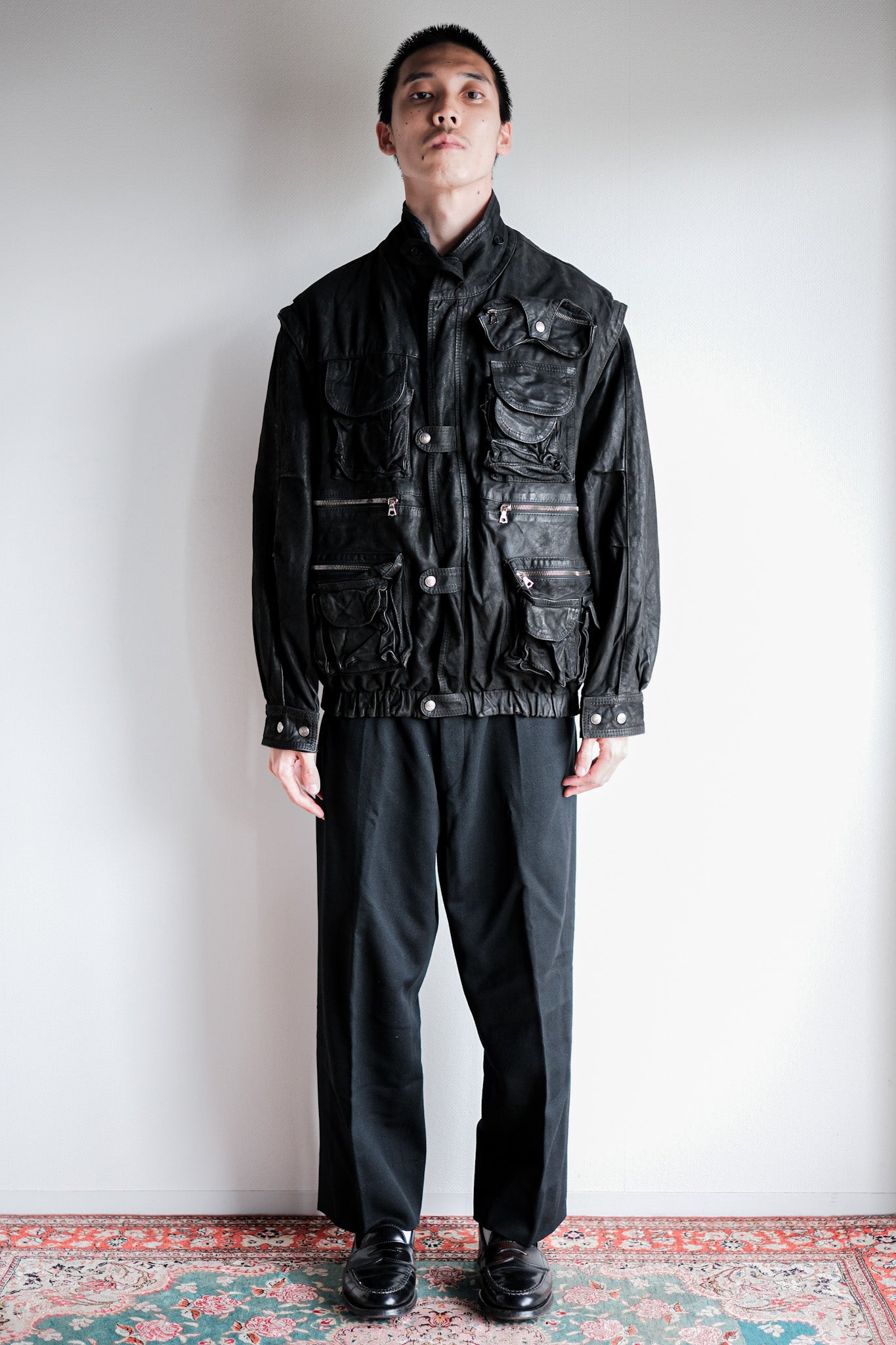 ［~90's］Old Renoma Paris Black Leather Detachable Sleeve Multi Pocket Jacket Size.M
