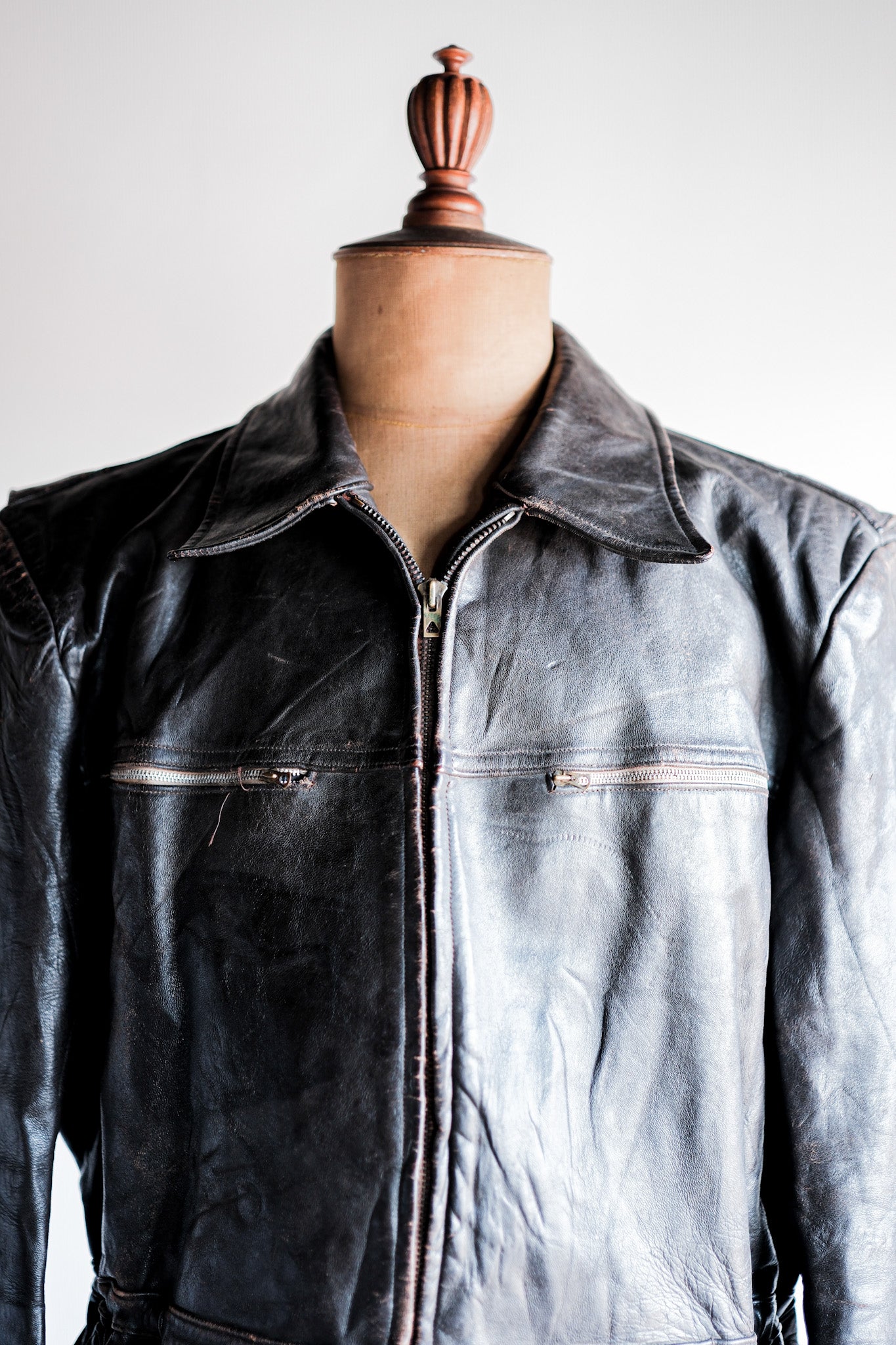 【~50's】French Vintage Cyclist Leather Jacket Size.52 "Adolphe Lafont"