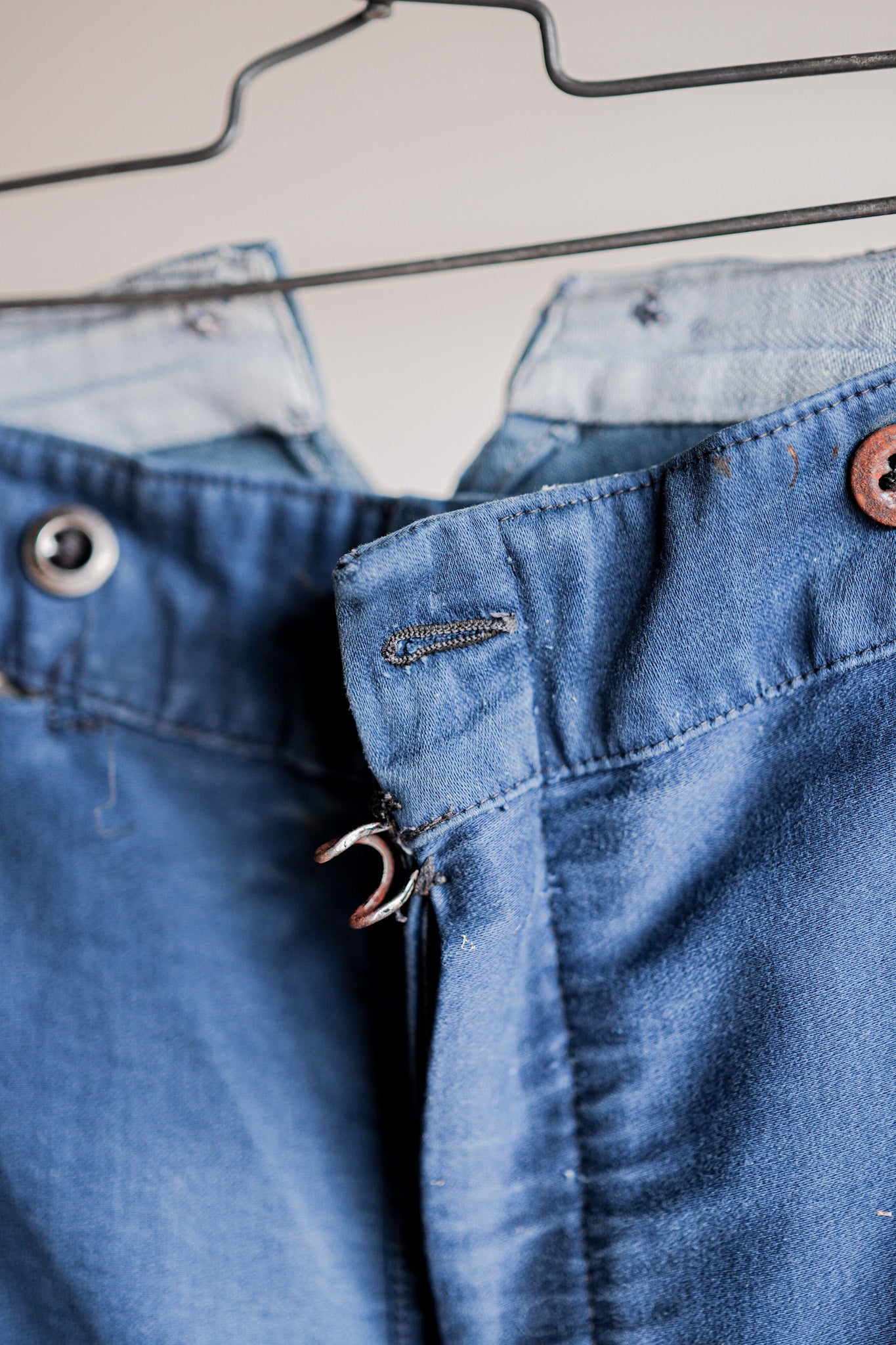 【~30's】French Vintage Blue Moleskin Work Pants "Patchwork"
