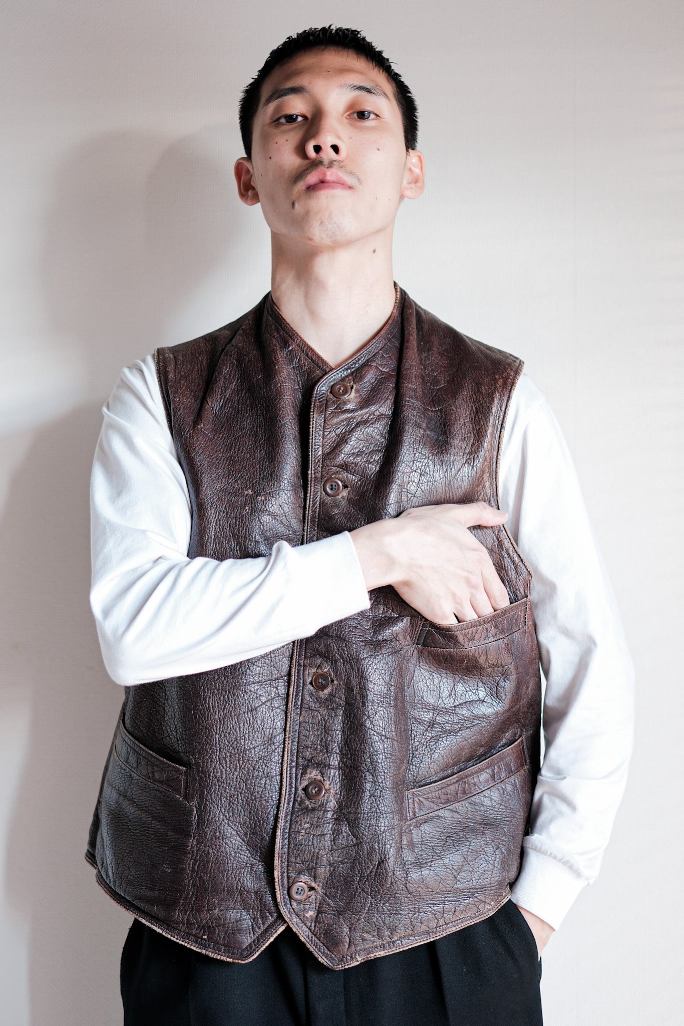 ［~40's］French Vintage Brown Leather Work Gilet