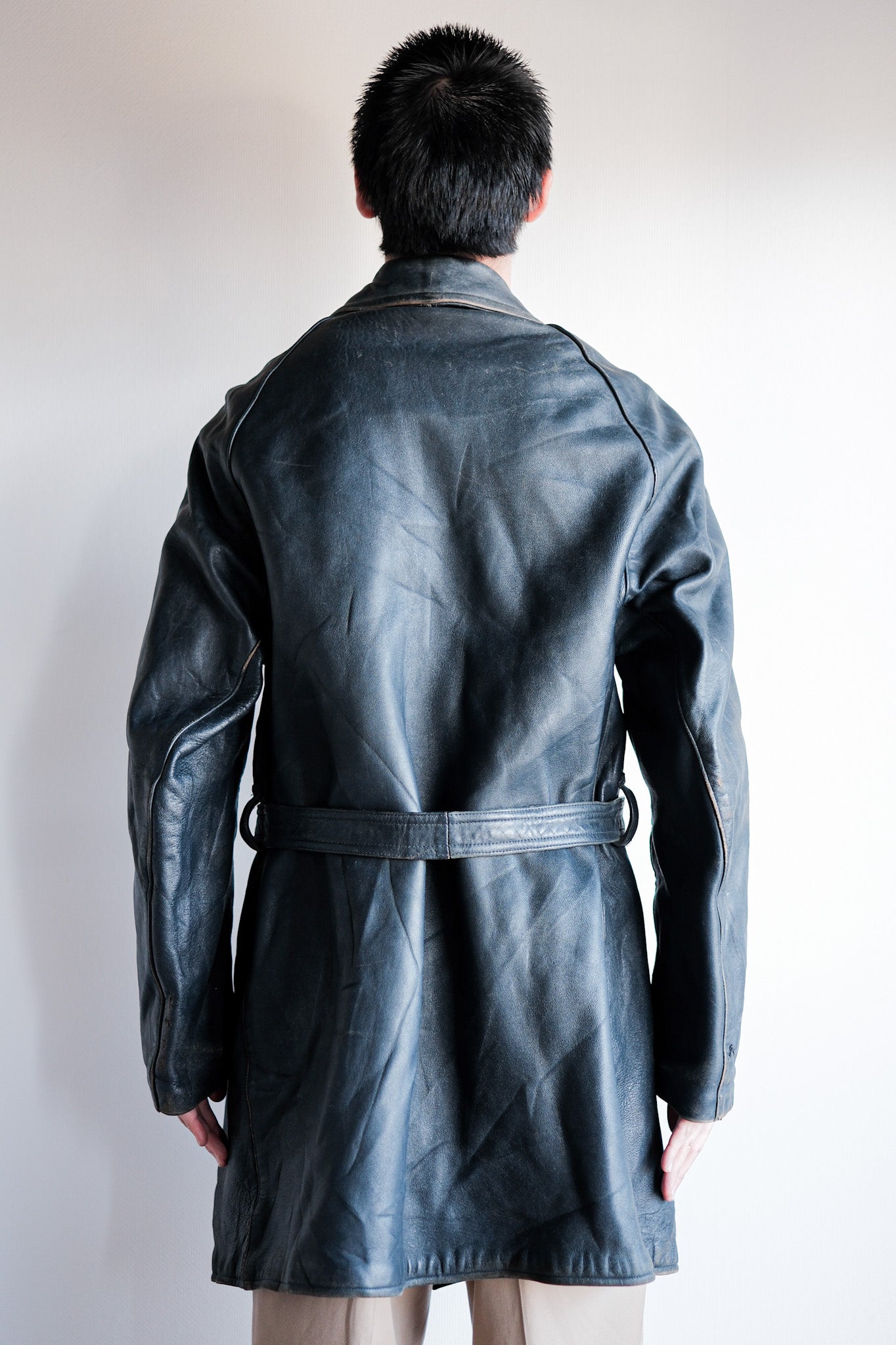 50's] French Vintage Double Breasted Leather Work COAT WITH CHITH C