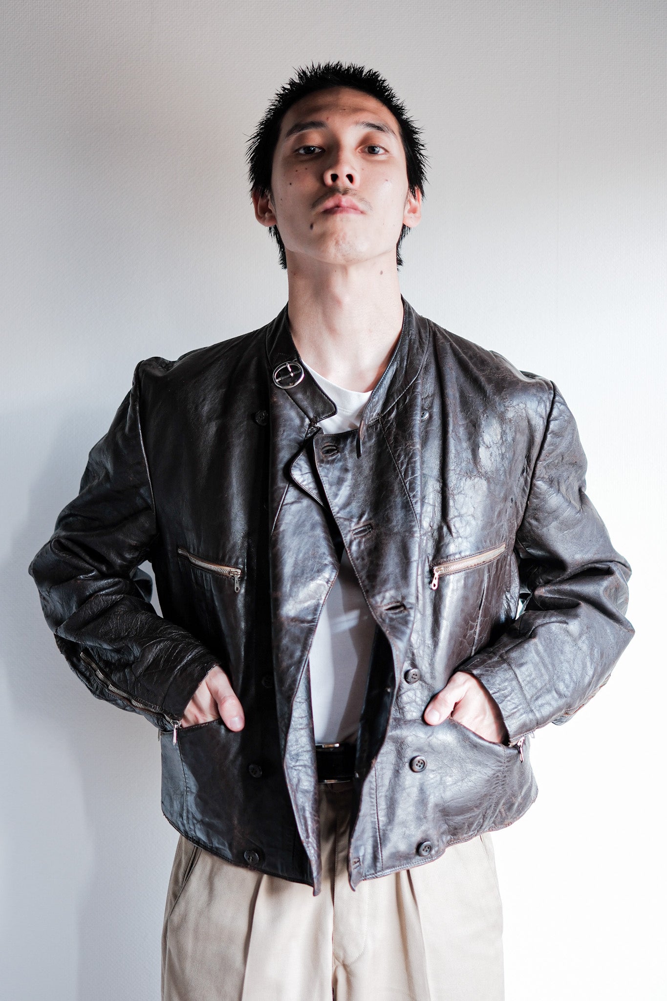 【~40's】German Vintage Double Breasted Motorcycle Leather Jacket