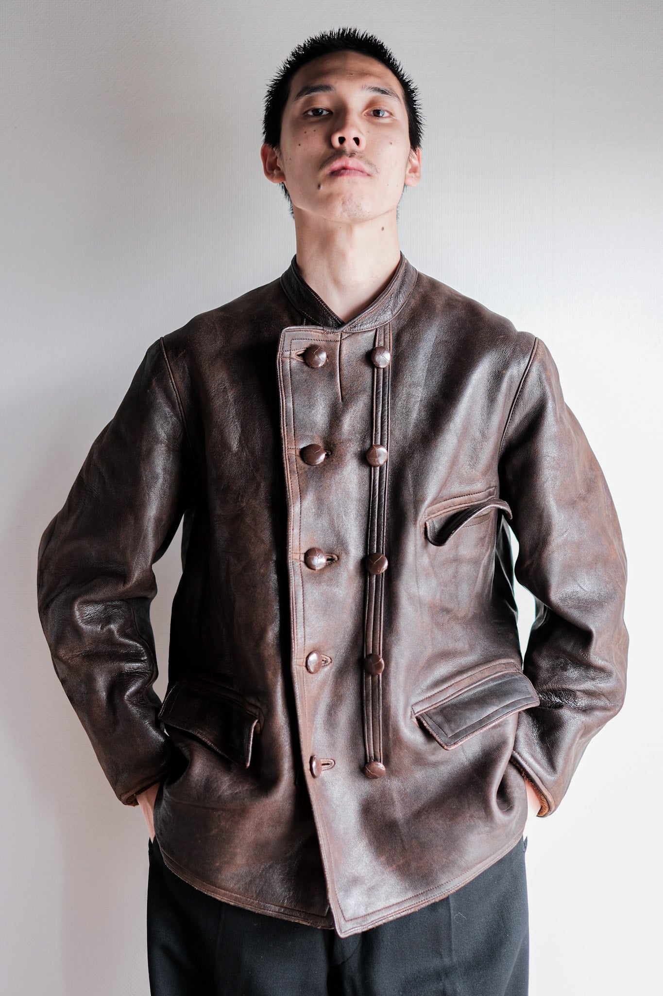 【~40's】Swedish Vintage Double Breasted Leather Jacket