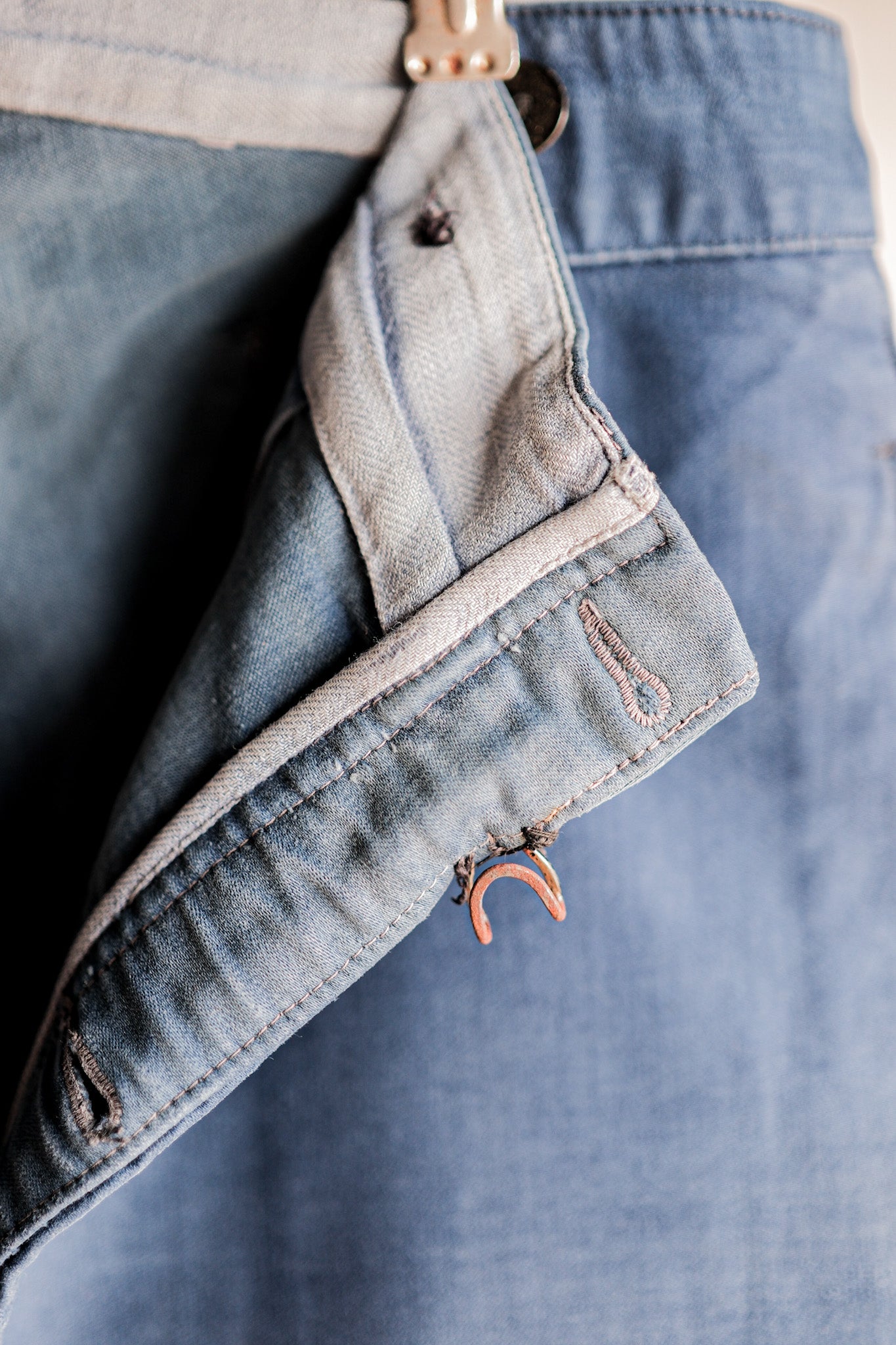 【~30's】French Vintage Blue Moleskin Work Pants "Patchwork"