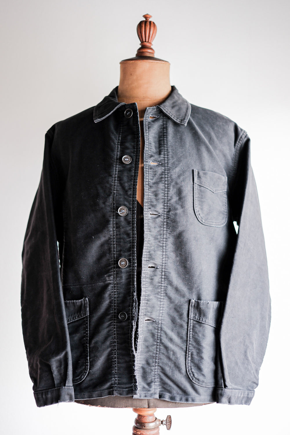 【~50's】French Vintage Black Moleskin Work Jacket Size.52 "Le Mont St. Michel"