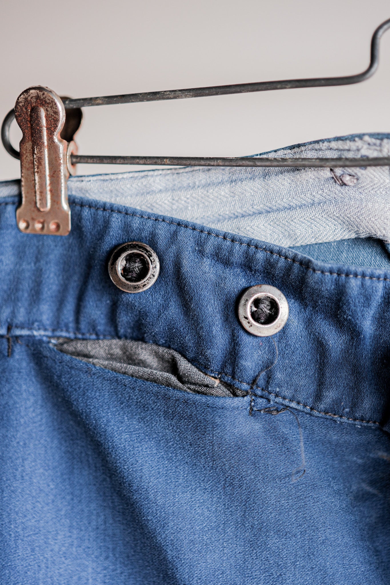 【~30's】French Vintage Blue Moleskin Work Pants "Patchwork"