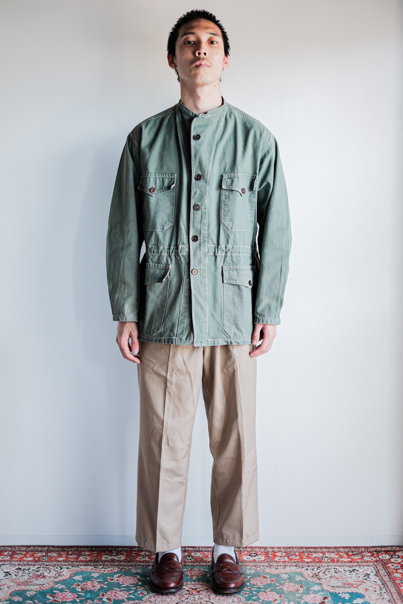 ［~50's］French Vintage Green Cotton Twill 4 Pockets Work Jacket "Unusual Pattern"