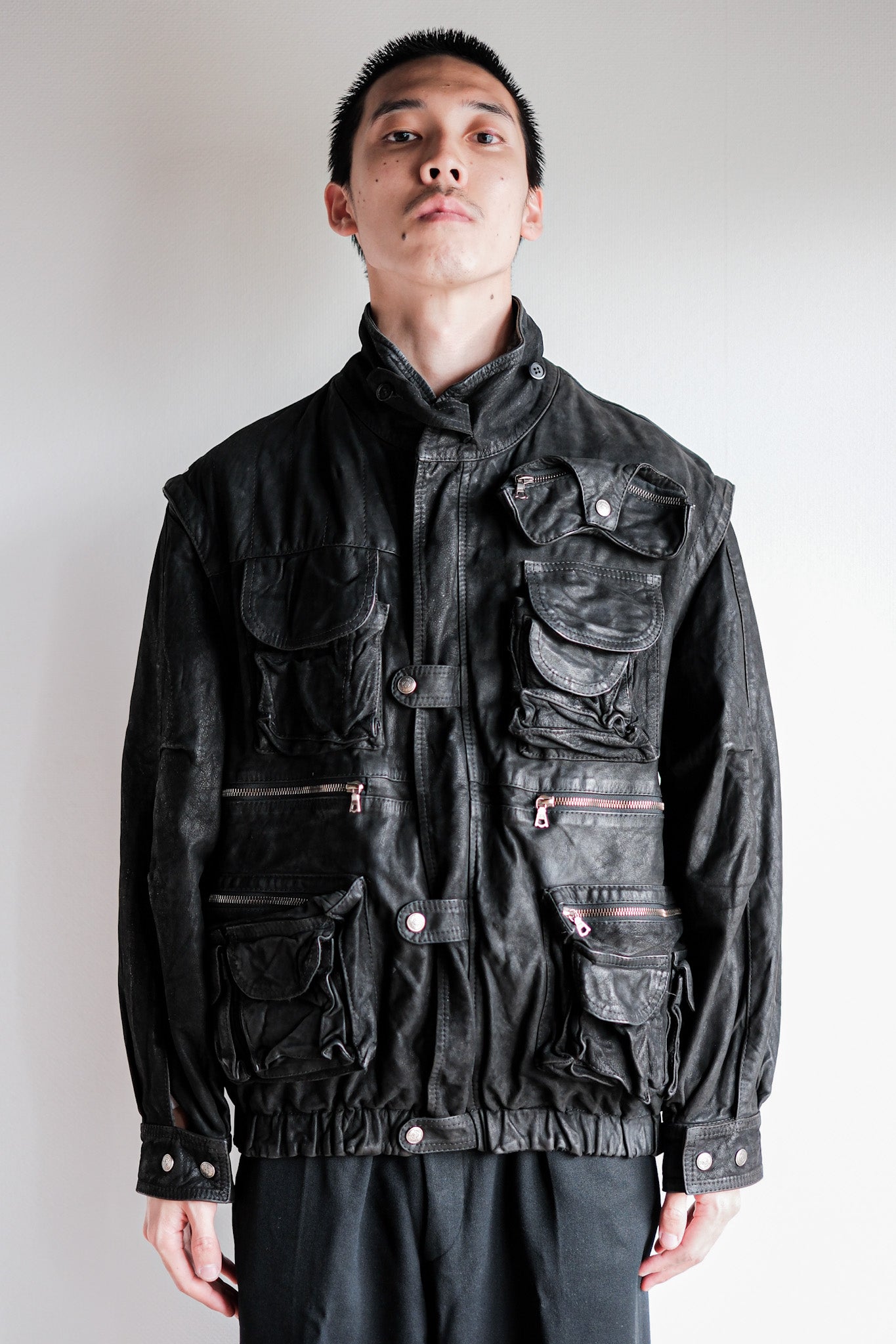 ［~90's］Old Renoma Paris Black Leather Detachable Sleeve Multi Pocket Jacket Size.M