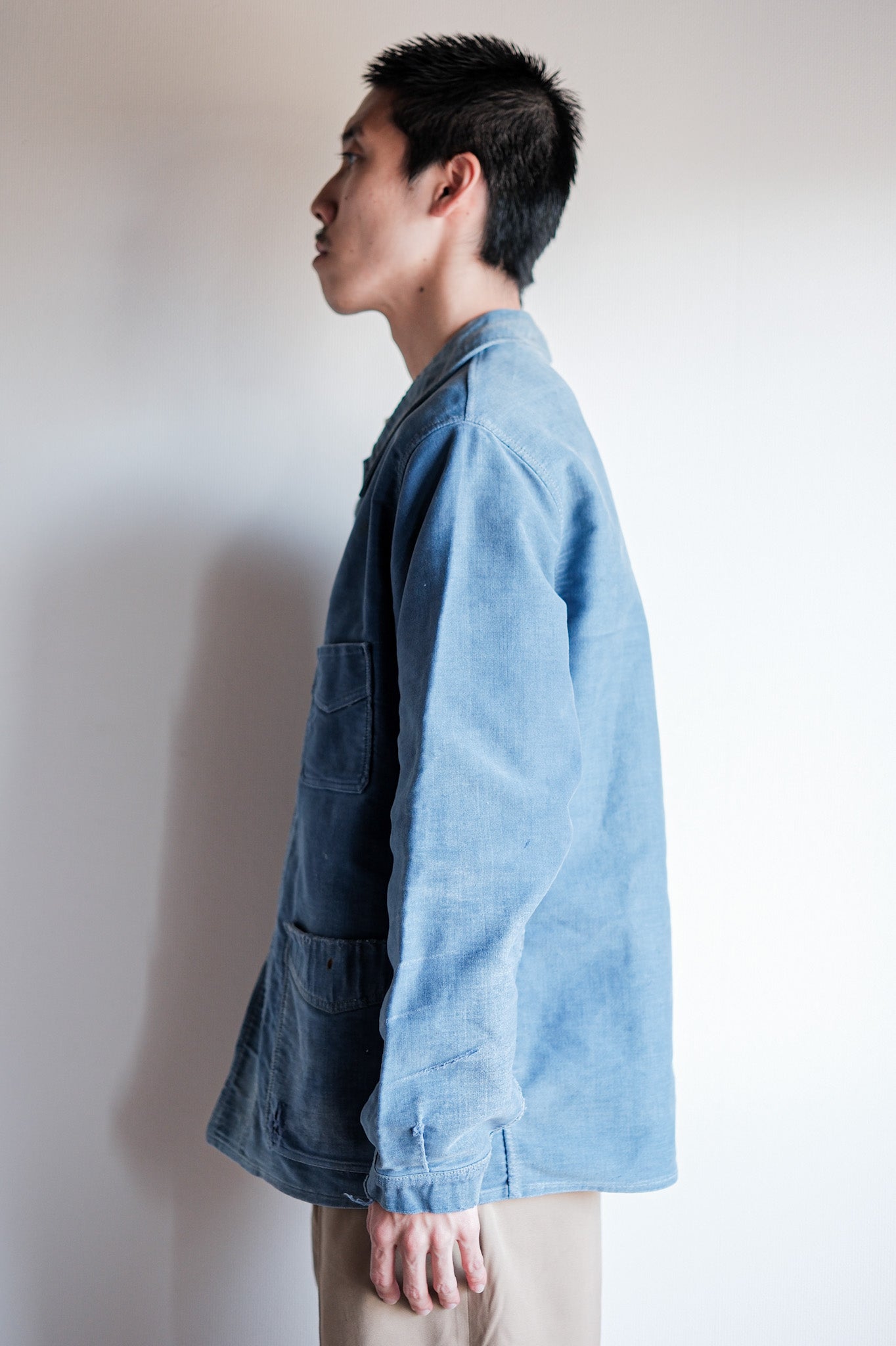 [~ 40's] French Vintage Blue Moleskin Work Jacket "Le Mont St. Michel"