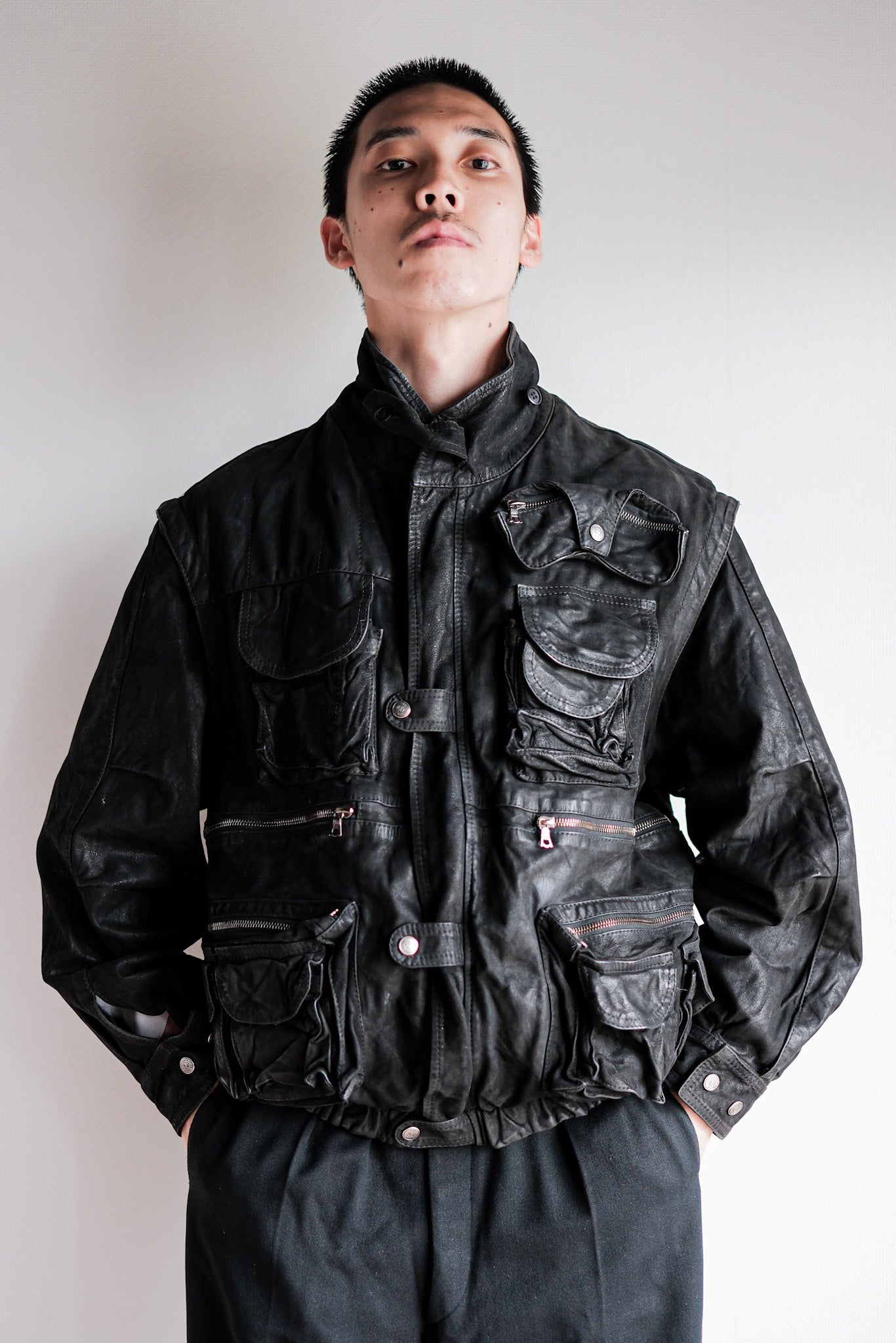 ［~90's］Old Renoma Paris Black Leather Detachable Sleeve Multi Pocket Jacket Size.M