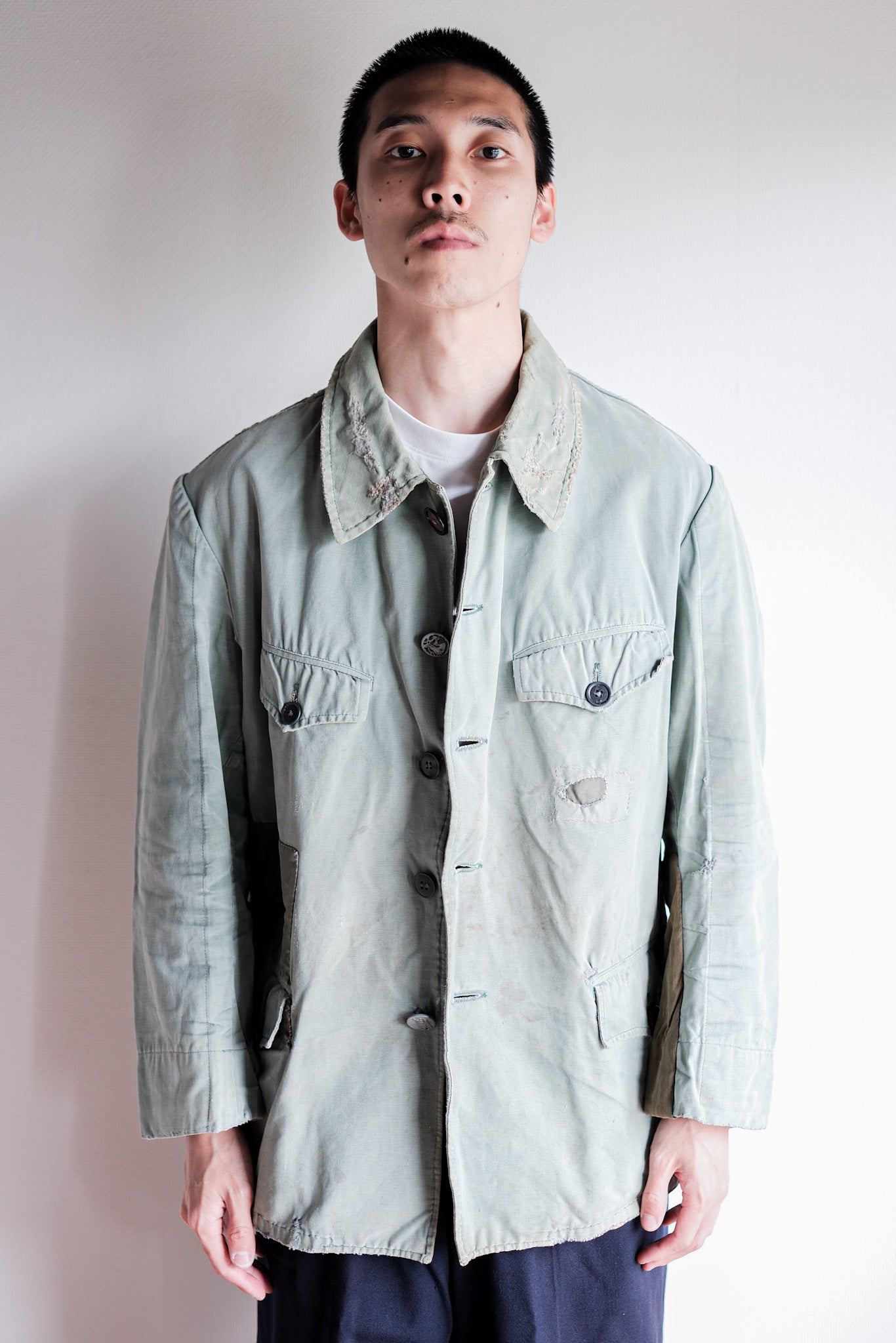 【~50's】French Vintage Green Cotton Canvas Hunting Jacket With Chin Strap "Patchwork"