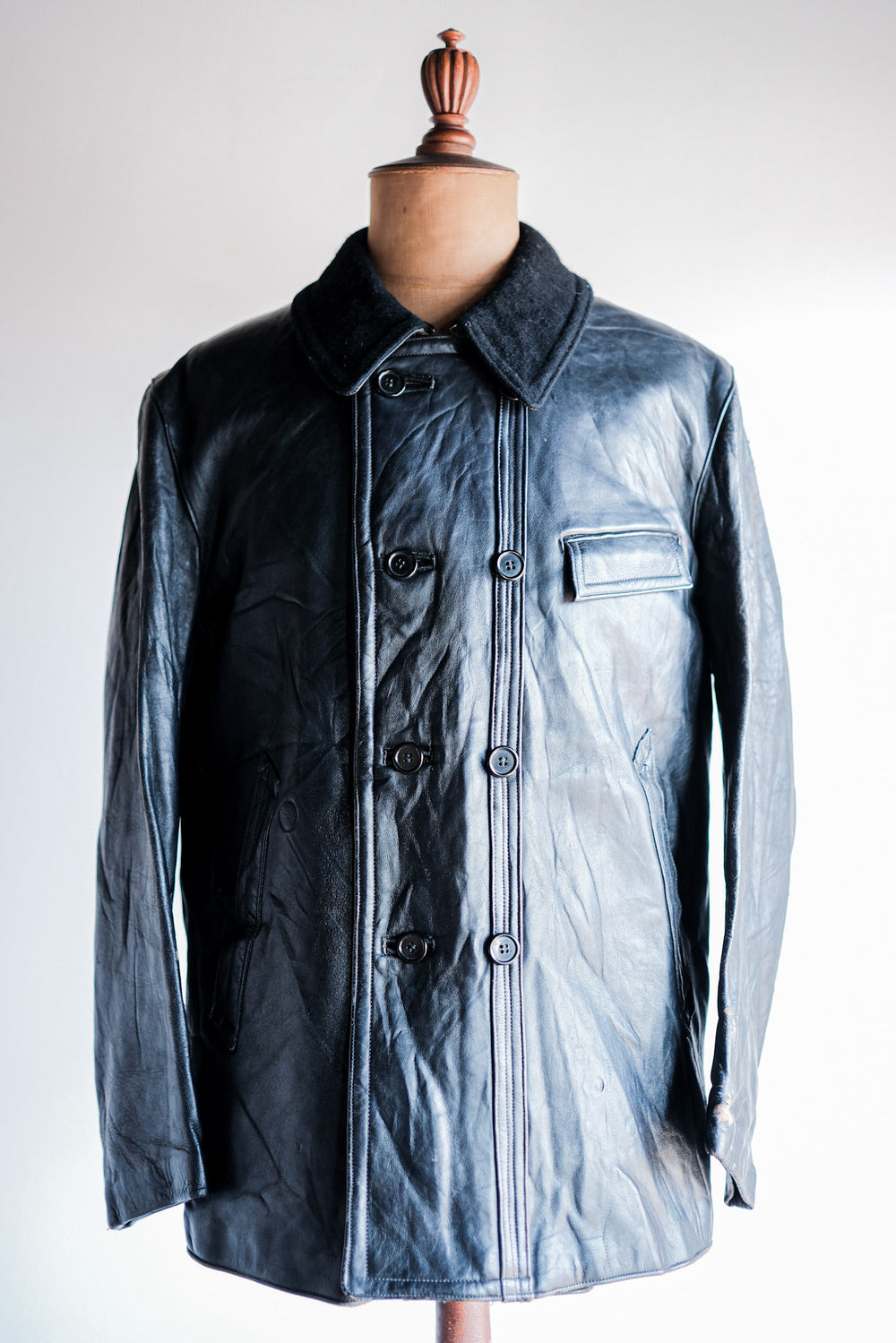 【~60's】French Vintage Le Corbusier Leather Work Jacket Size.54 "Wool Collar"