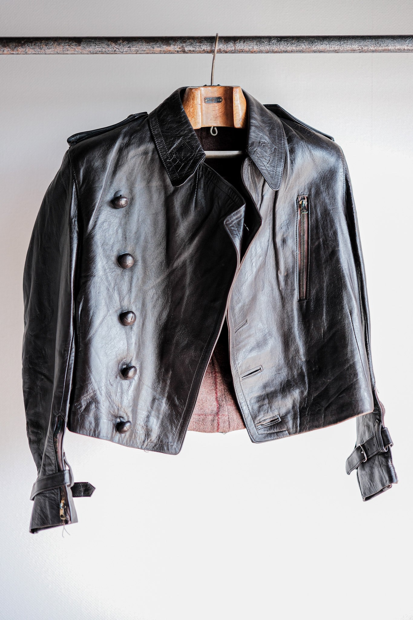 [~ 40's] French Vintage Motorcycle Leather Veste Taille.4 "MORT STOCK"