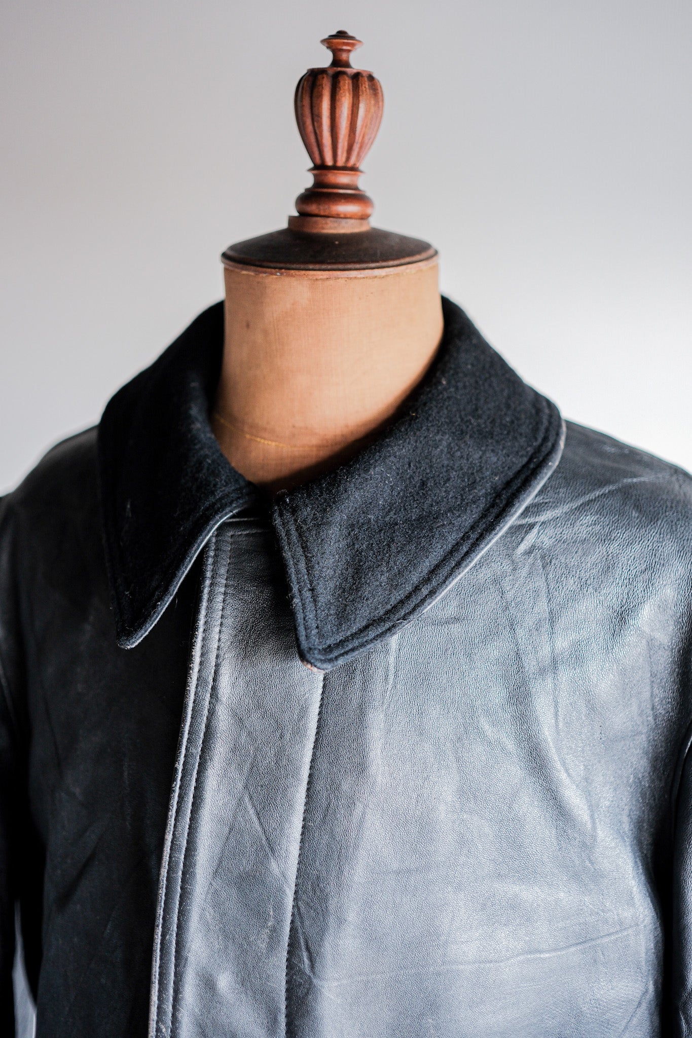 ［~60's］French Vintage Black Leather Work Jacket "Wool Collar"