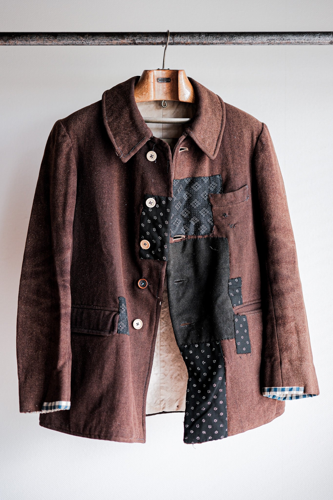 【~20's】French Vintage Brown Wool Work Jacket "Patchwork"