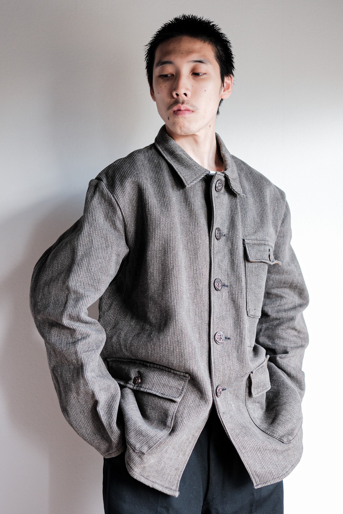 ［~60's］French Vintage Brown Gray Salt & Pepper Cotton Pique Hunting Jacket "Le Mont St. Michel"