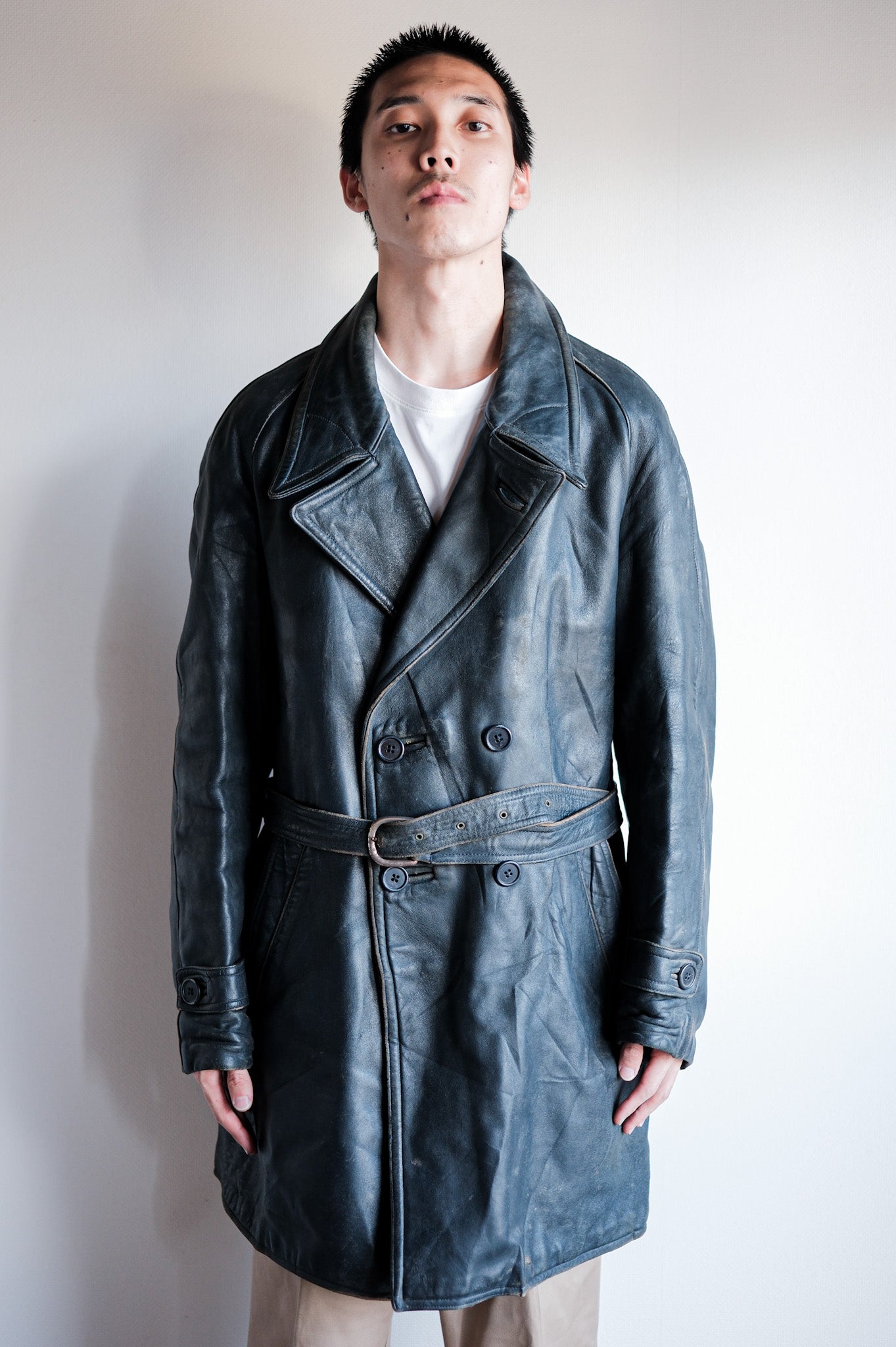 50's] French Vintage Double Breasted Leather Work COAT WITH CHITH C