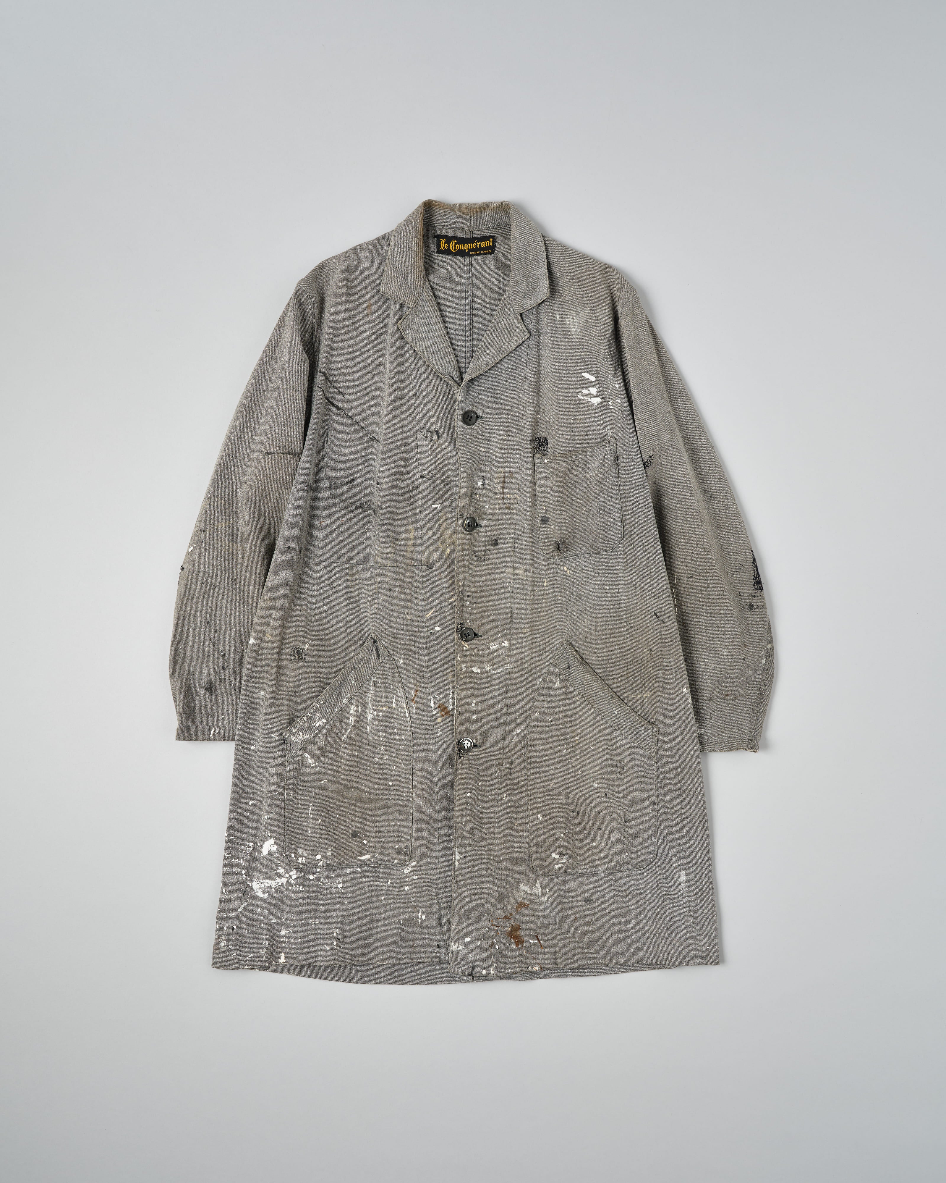 【~40's】French Vintage Salt & Pepper Cotton Twill Atelier Coat "Crazy Paint"