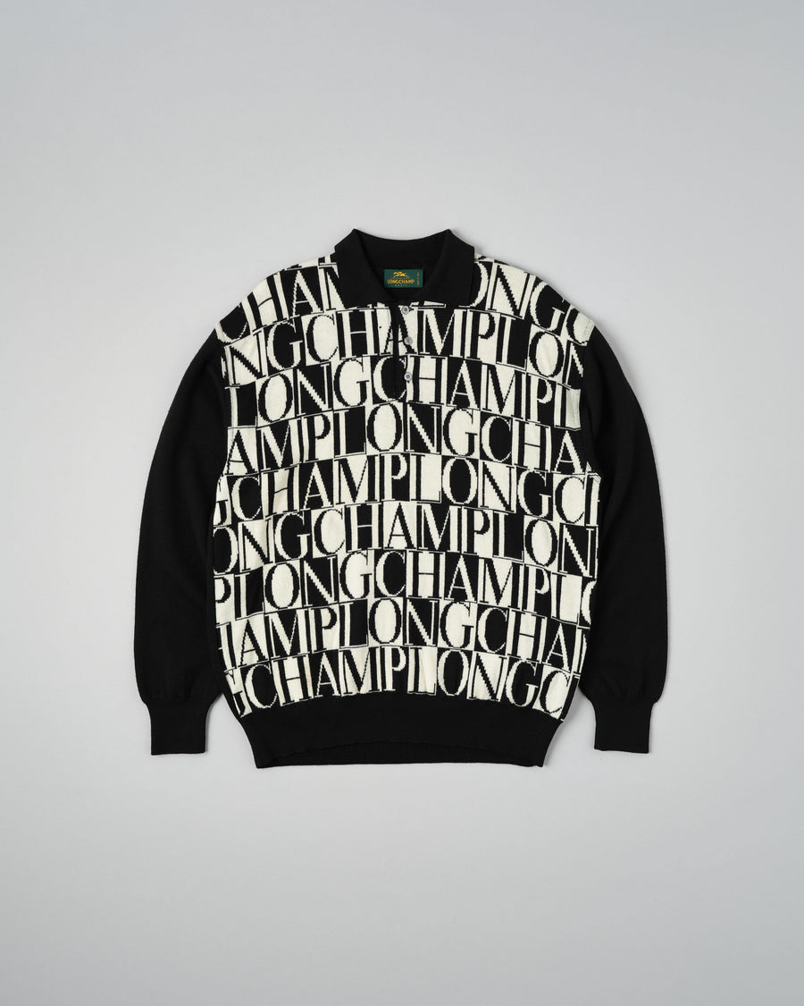 【~90’s】Old LONGCHAMP Merino Wool Patterned L/S Knit Polo Shirt Size.52 の全体写真