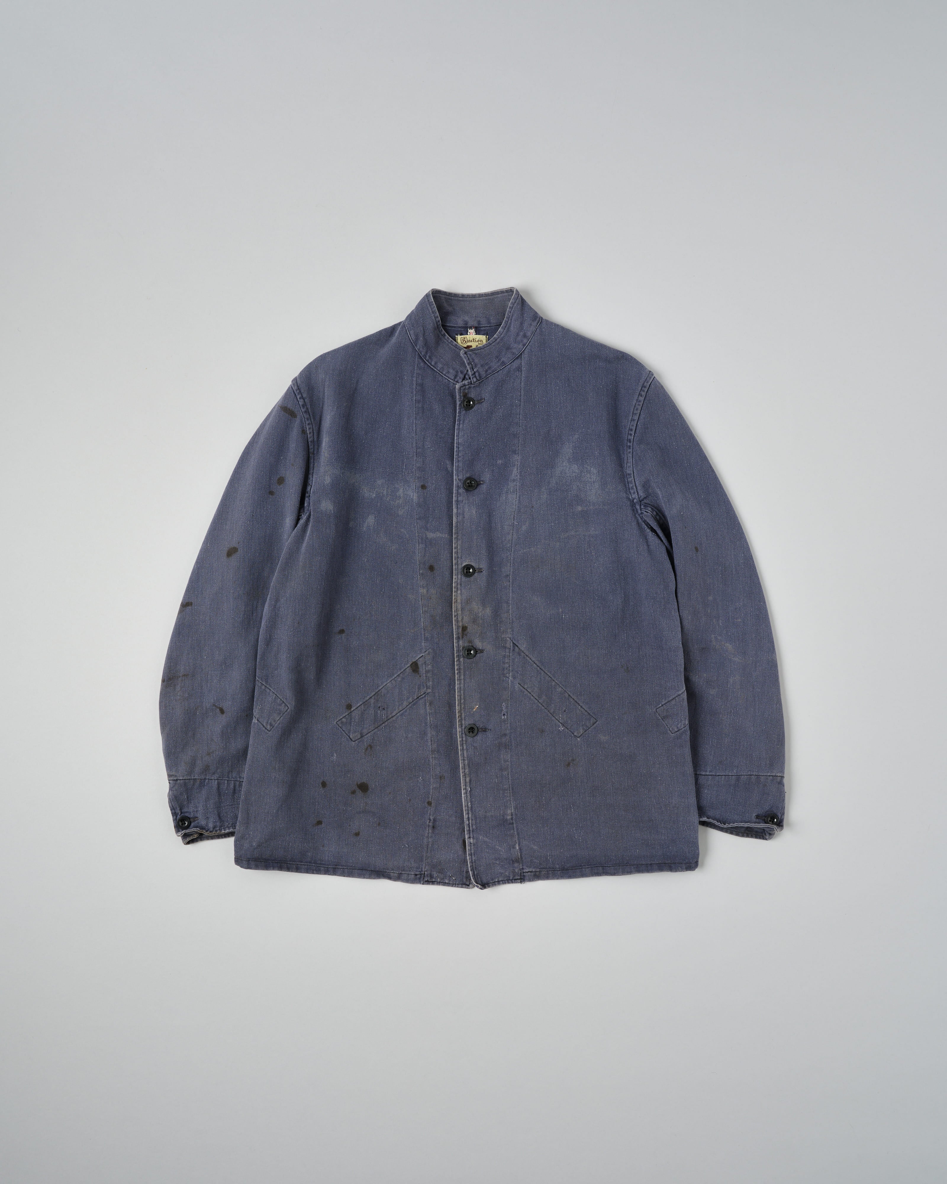 50's】British Vintage Blue Cotton Drill Stand Collar Work Jacket Size