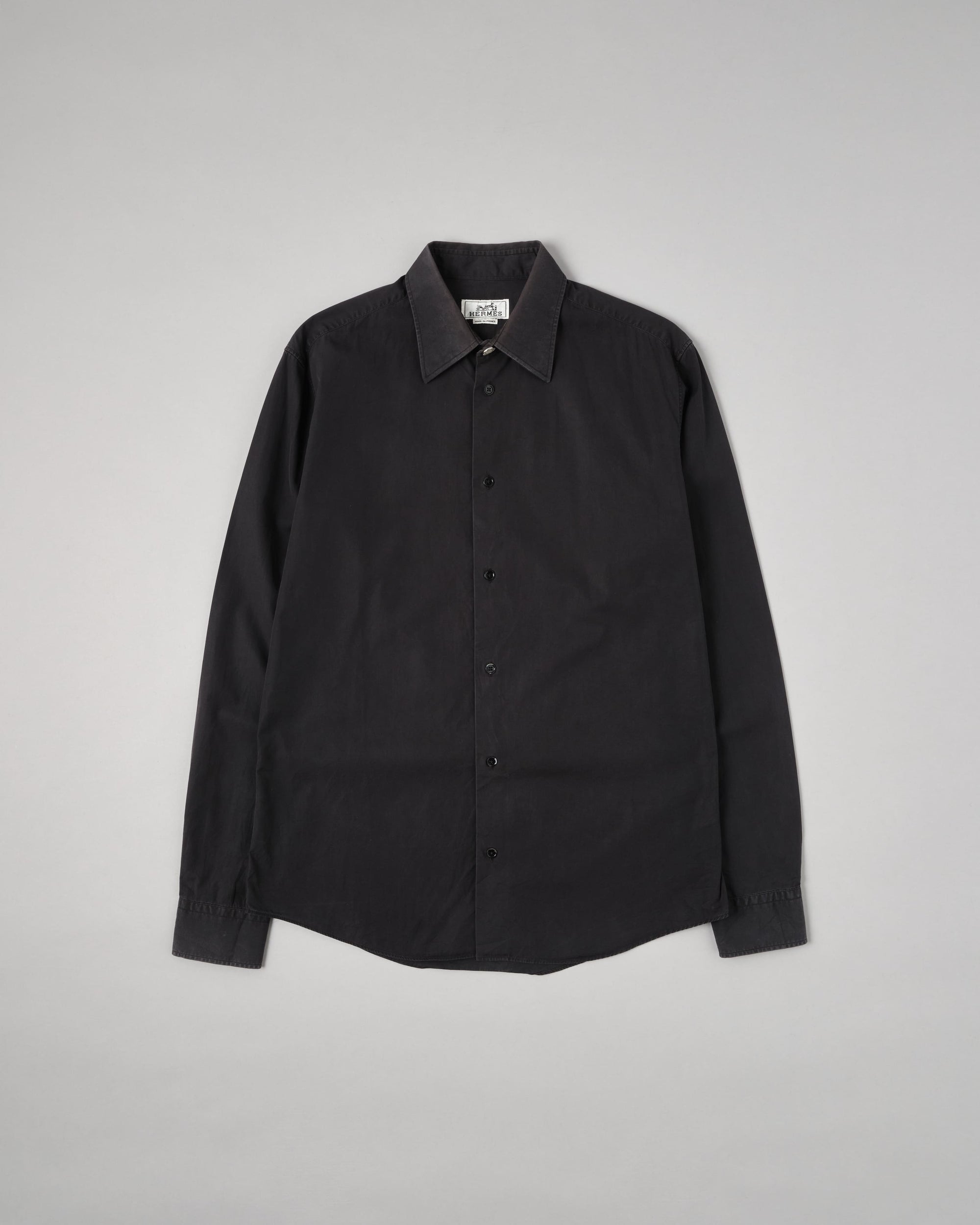 ［~00's］Old Hermès Paris Black Cotton Poplin L/S Shirt With Sellier Button Size.40