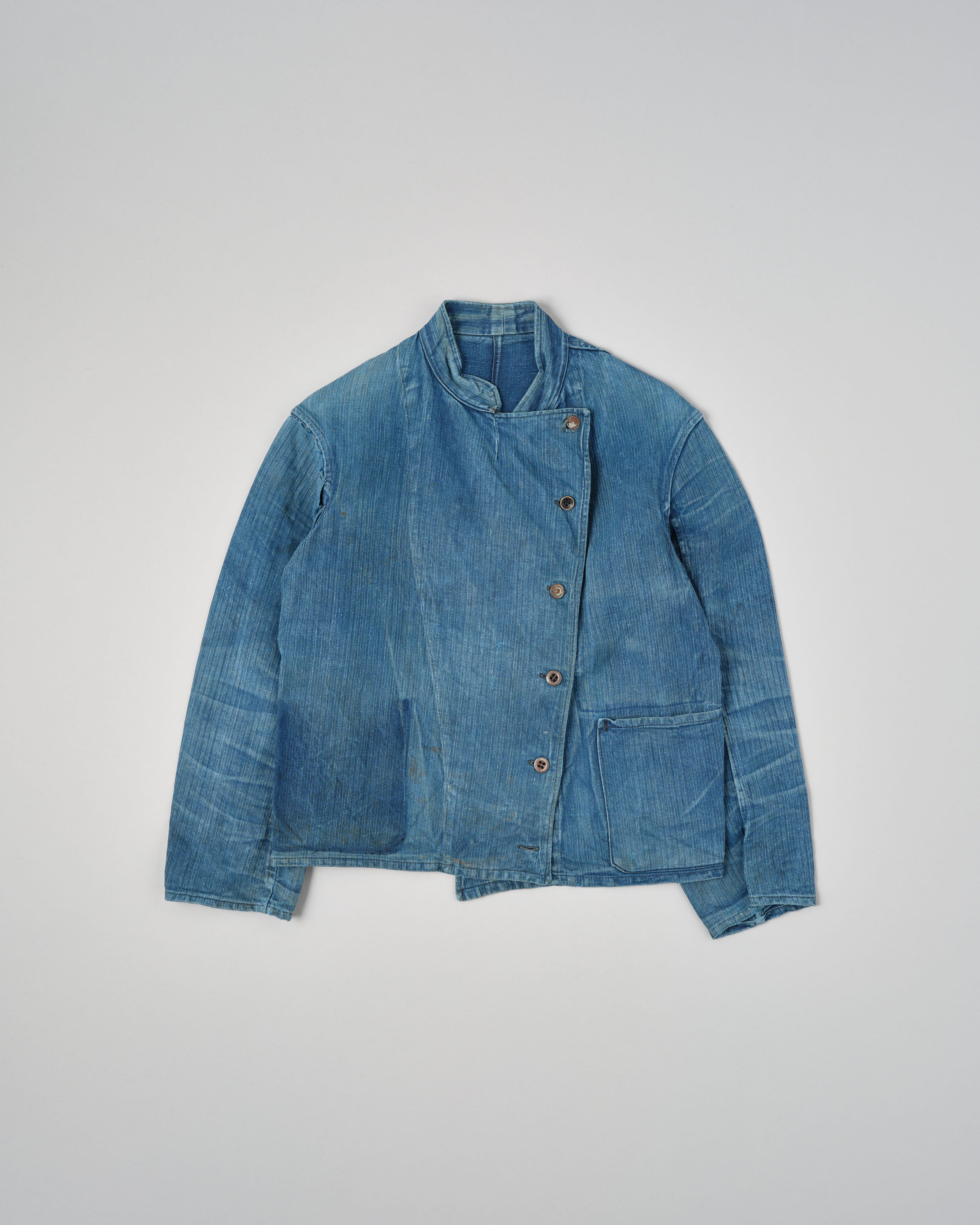 【~30's】French Army Indigo HBT Linen Double Breasted Mechanic Jacket "Modified"