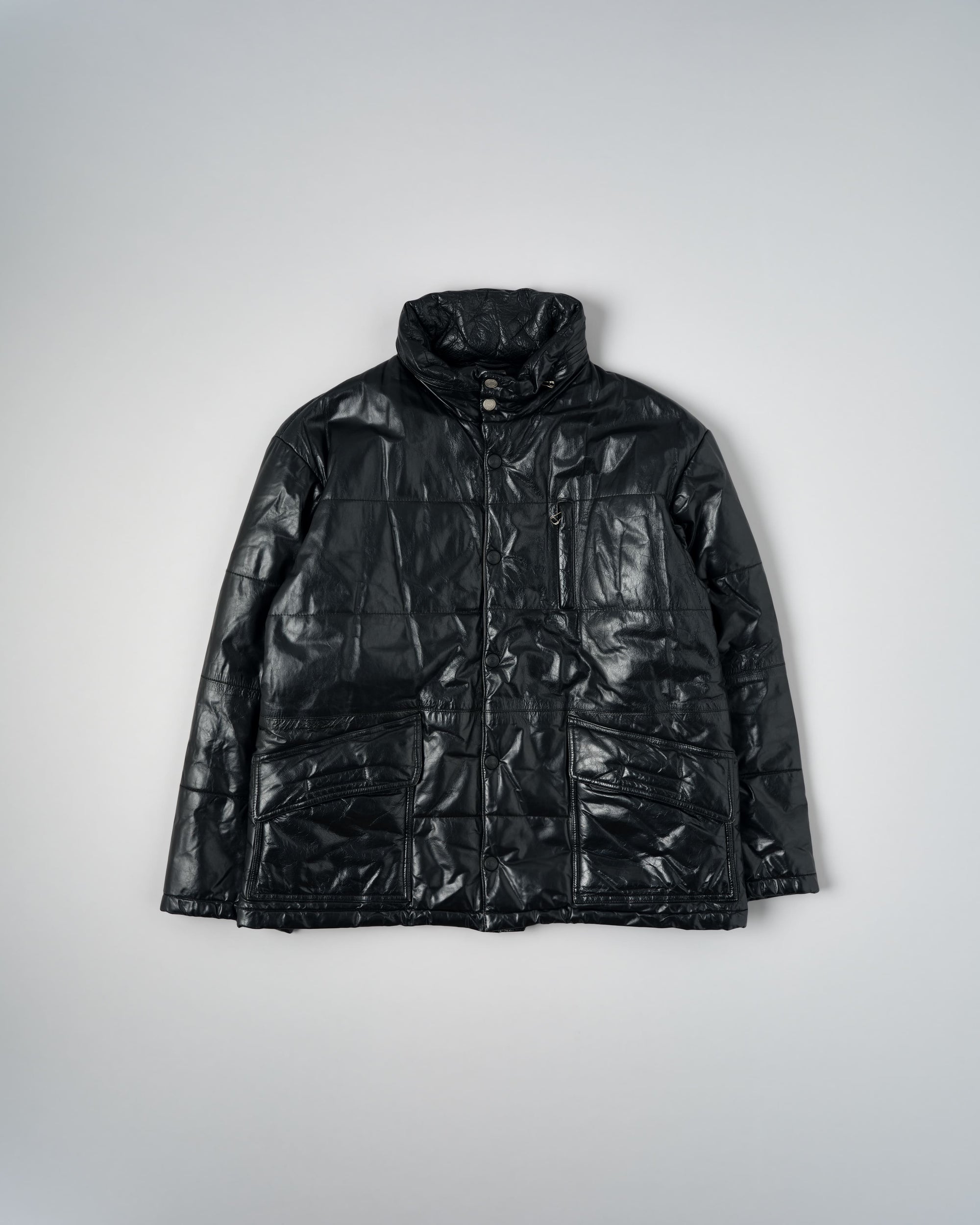 ［~90’s］Old ARMANI JEANS Black Leather Puffer Jacket Size.52