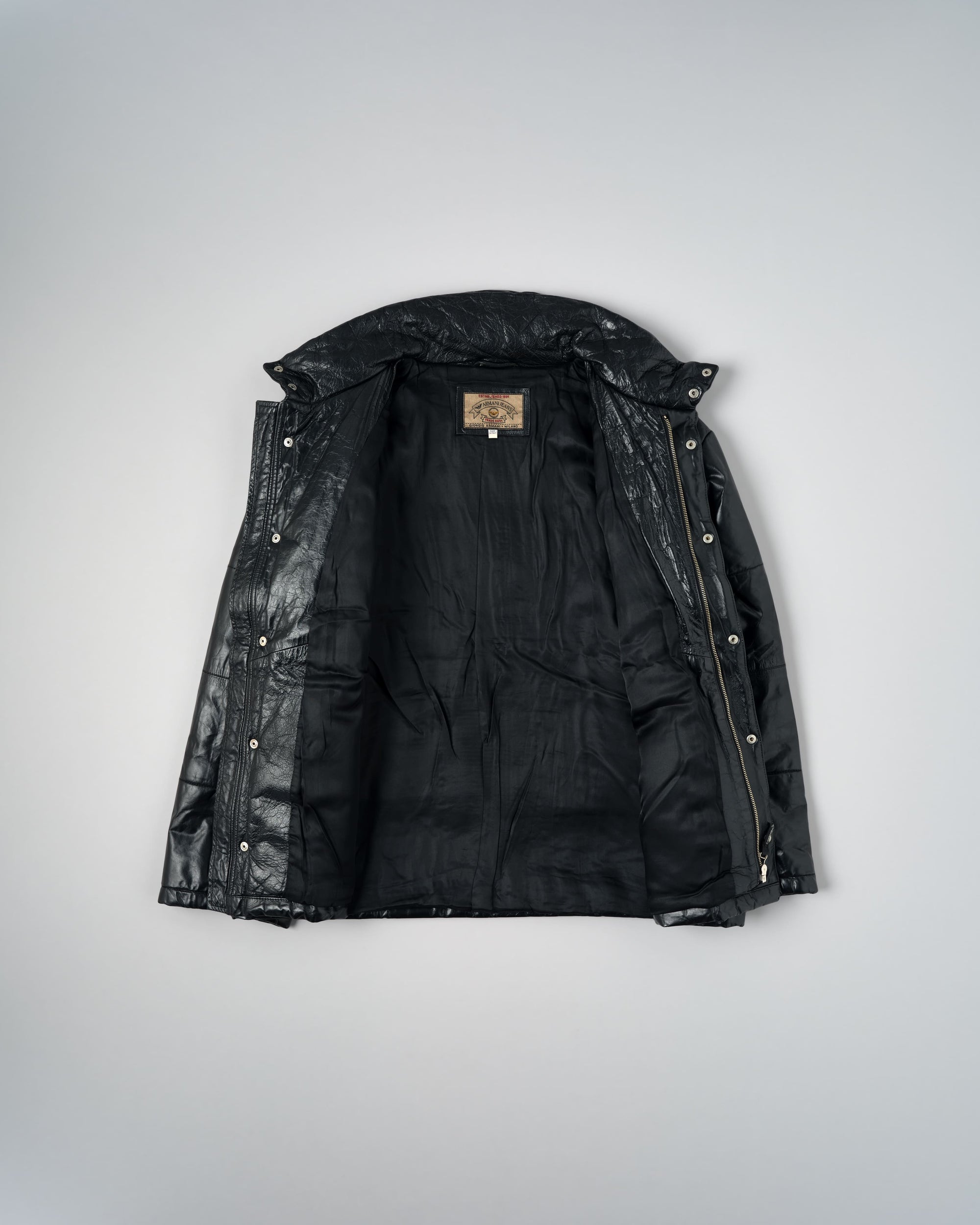 ［~90’s］Old ARMANI JEANS Black Leather Puffer Jacket Size.52