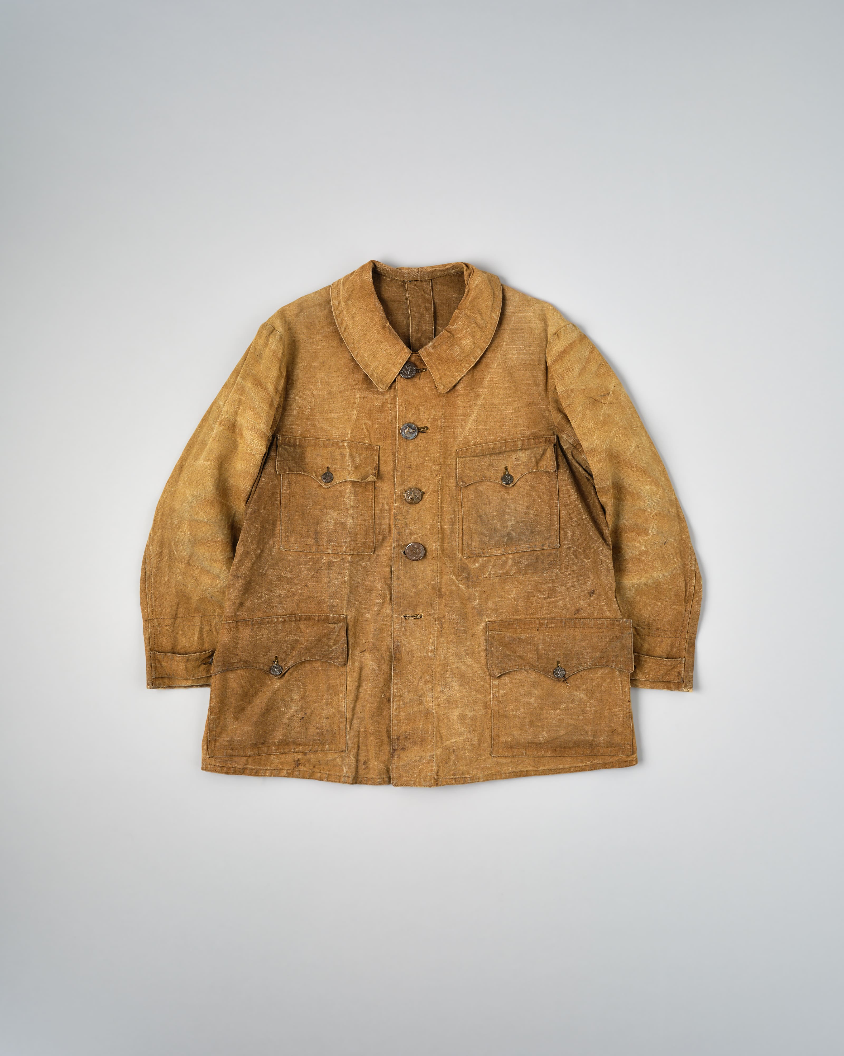 【~30’s】French Vintage Linen Canvas Hunting Jacket With Chin Strap