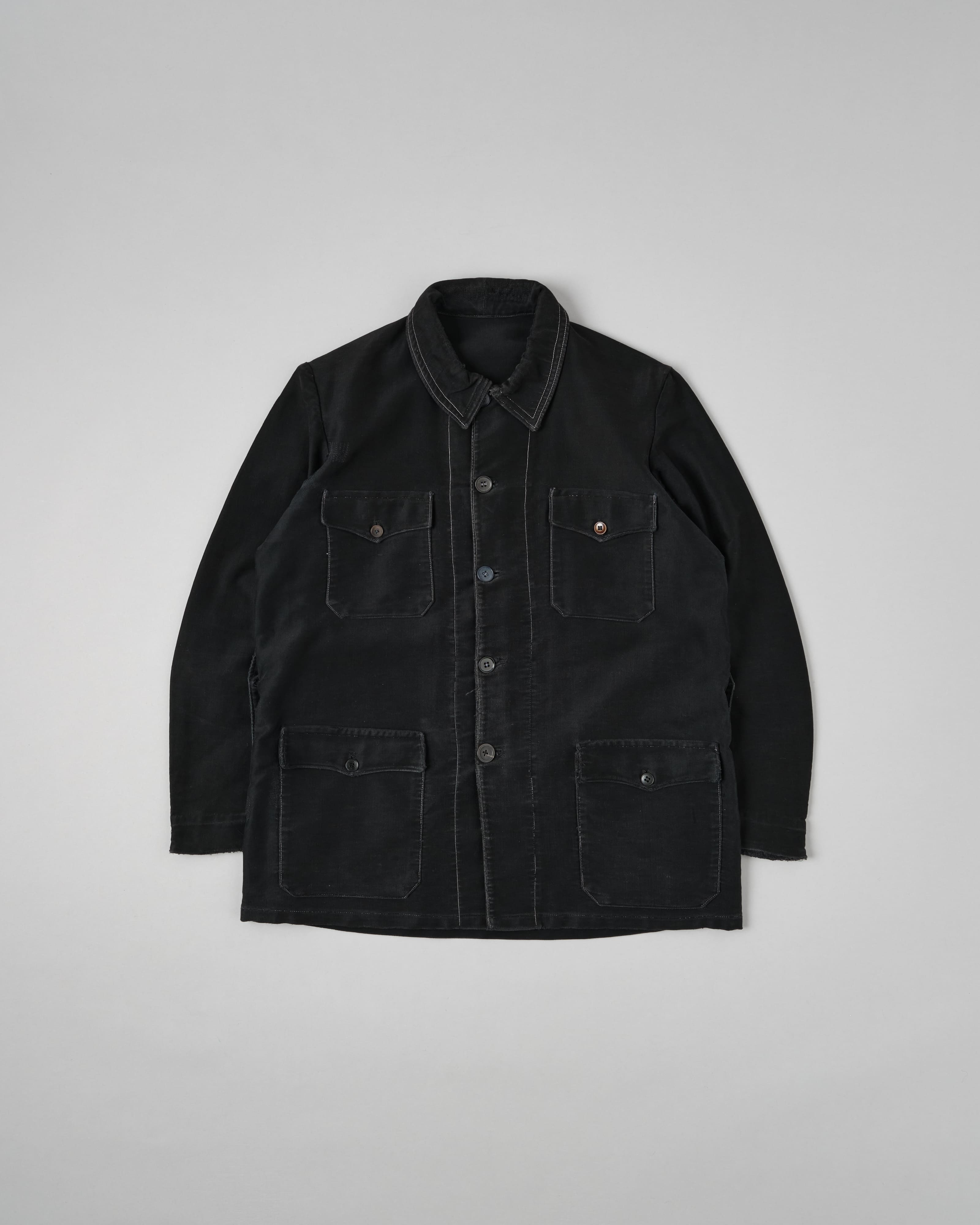 [~30's] French Vintage Black Moleskin Hunting Jacket "Homemade"