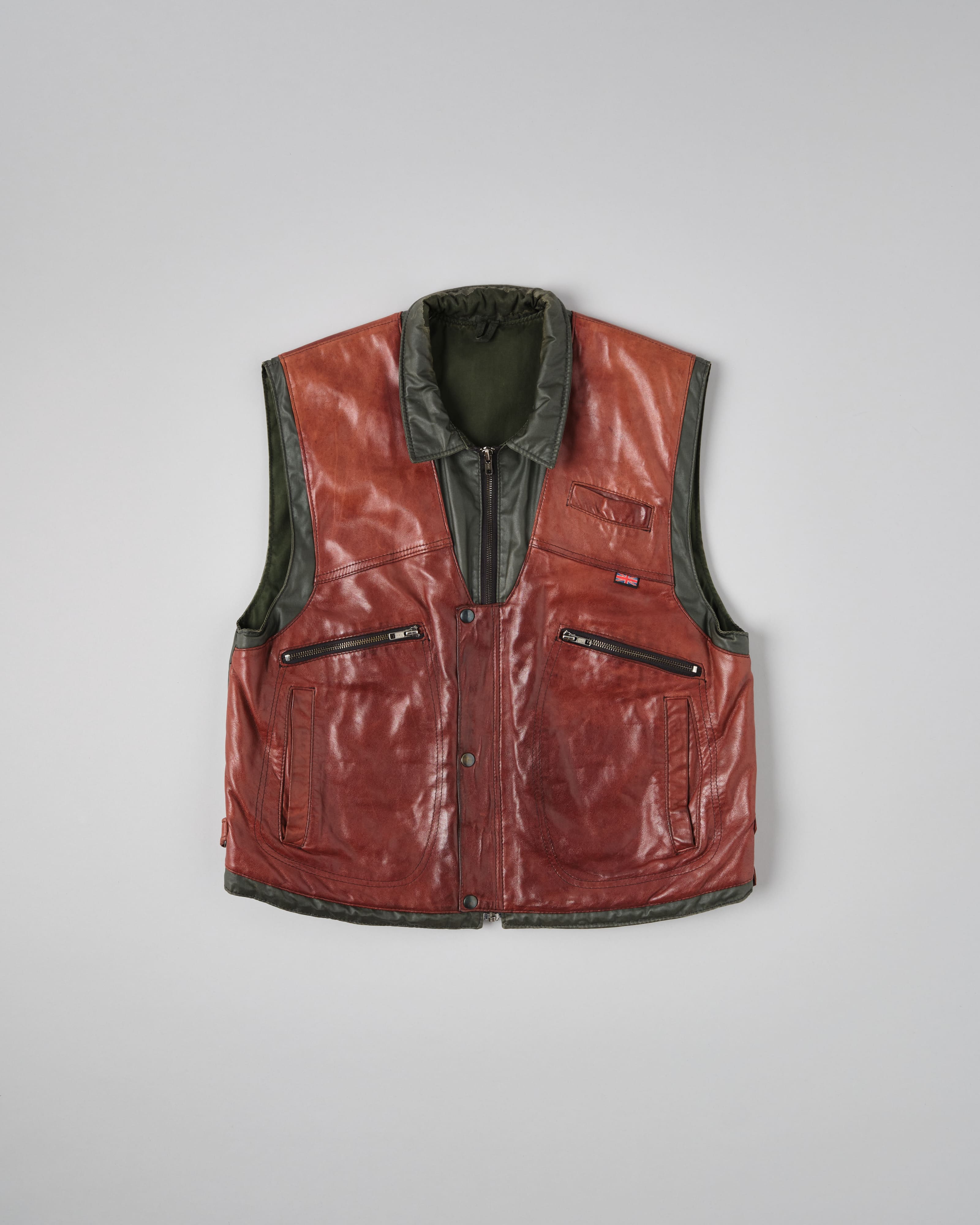 [~70's] British Vintage Switching Leather Nylon Zip Up Vest Size.40