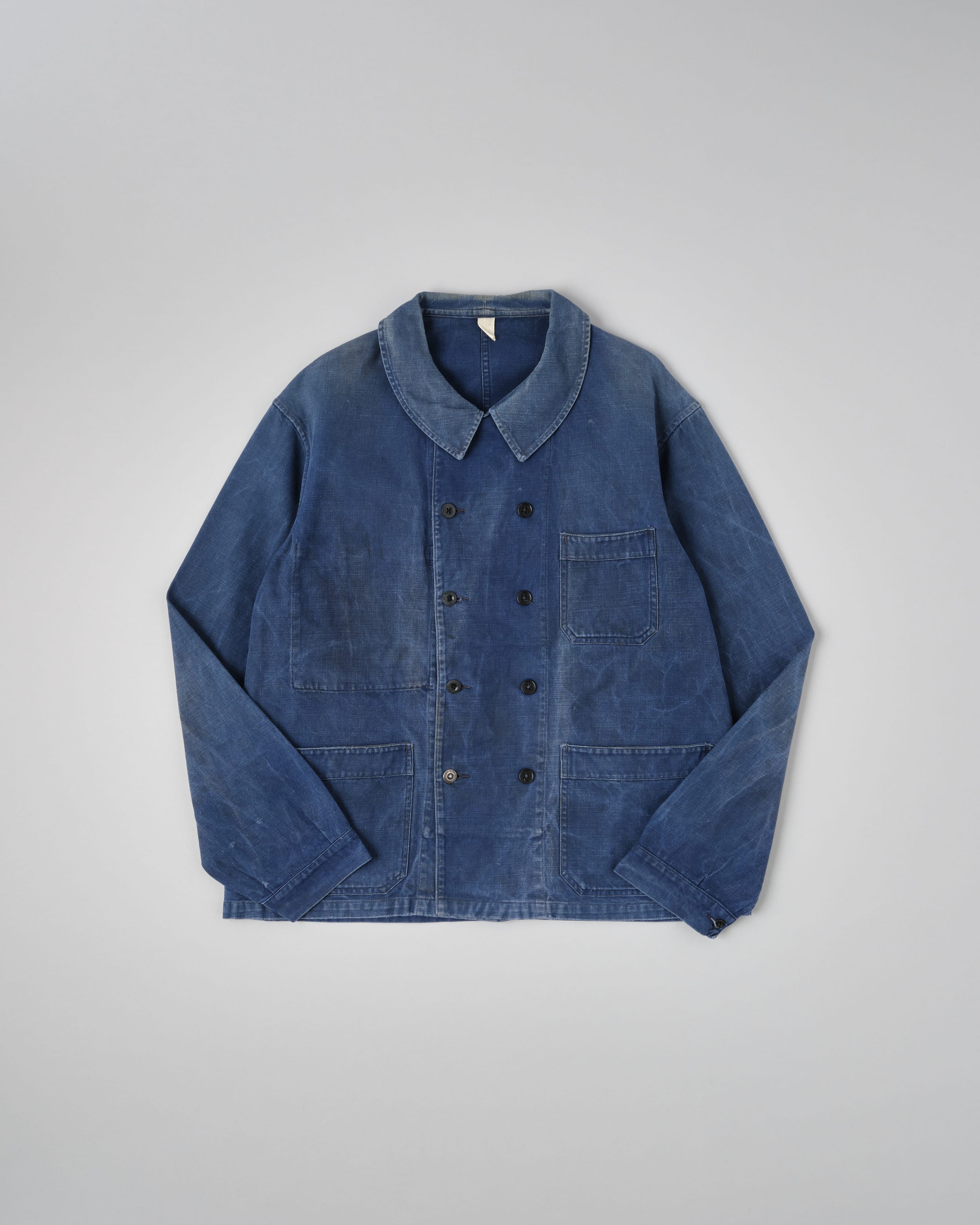 [~50's] French Vintage Blue Cotton Twill Double Breasted Work Jacket