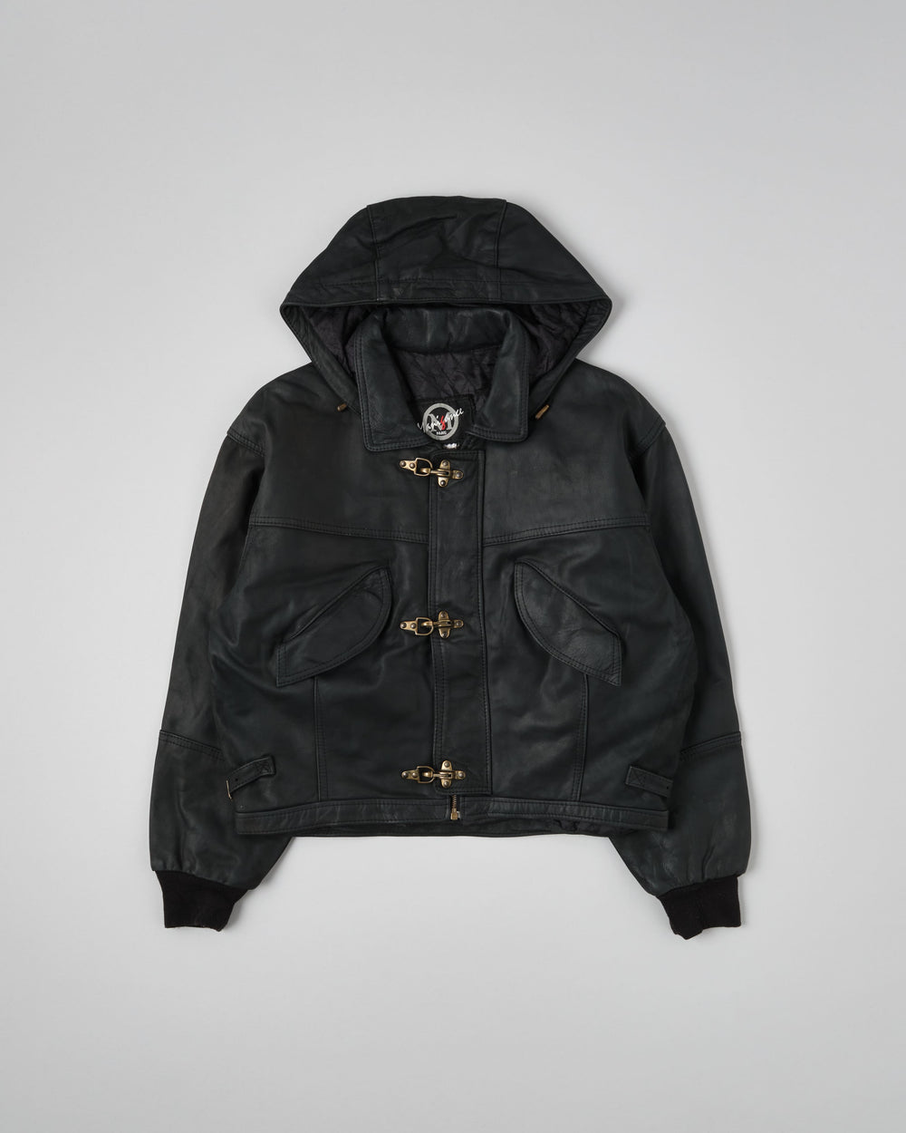 【~80’s】French Vintage Detachable Hood Fireman Type Leather Short Jacket Size.4