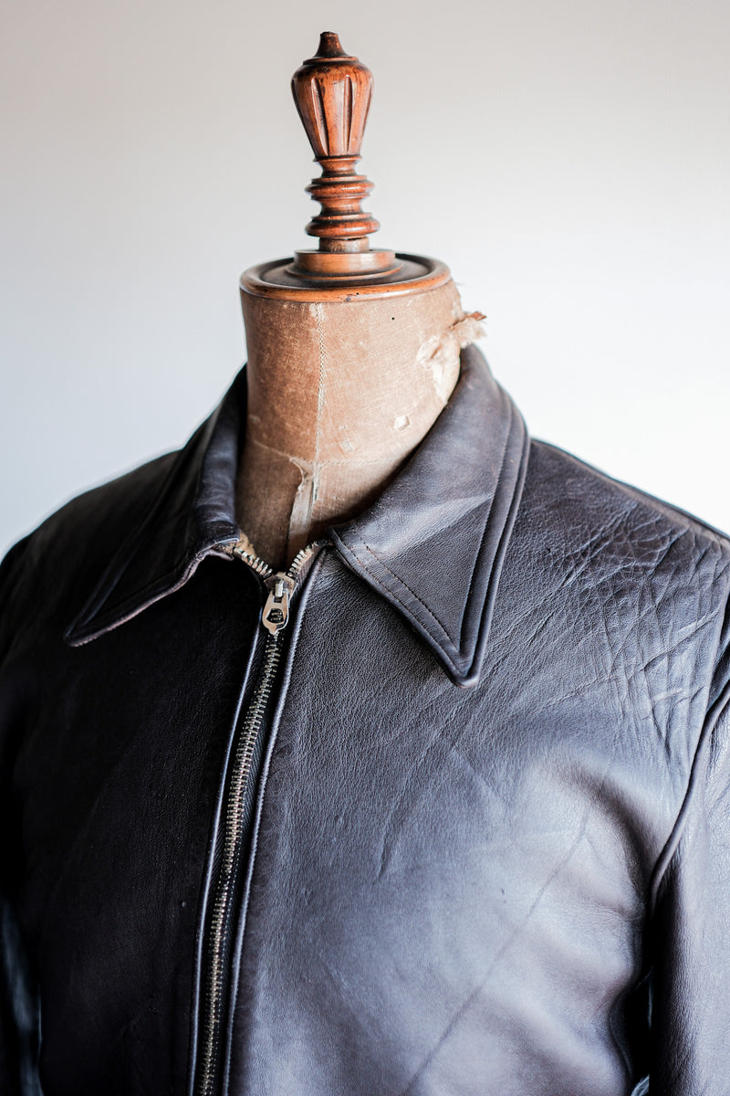 40's】French Vintage Brown Leather Cyclist Jacket 