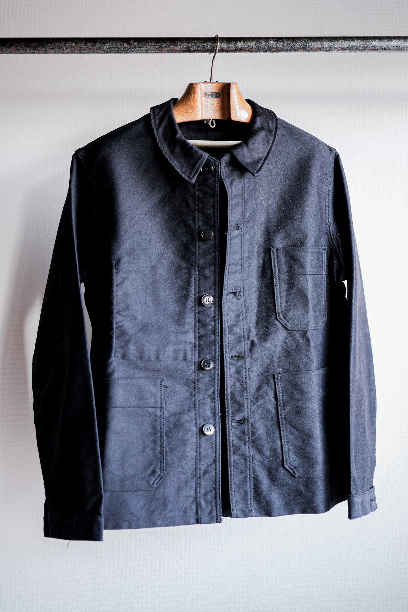 【~60's】French Vintage Black Moleskin Work Jacket Size.50 "Le Mont St. Michel" "Dead Stock"