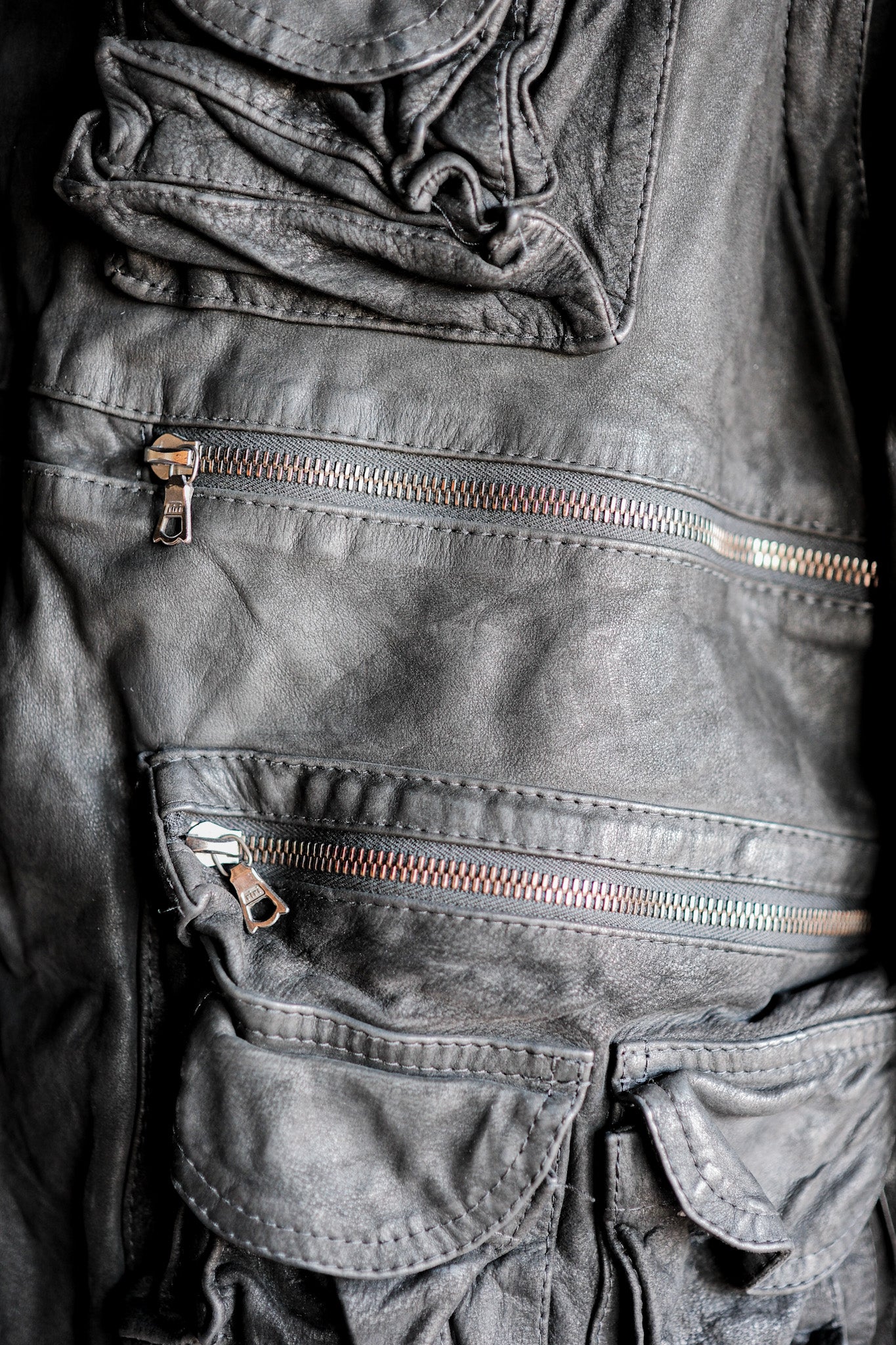 ［~90's］Old Renoma Paris Black Leather Detachable Sleeve Multi Pocket Jacket Size.M