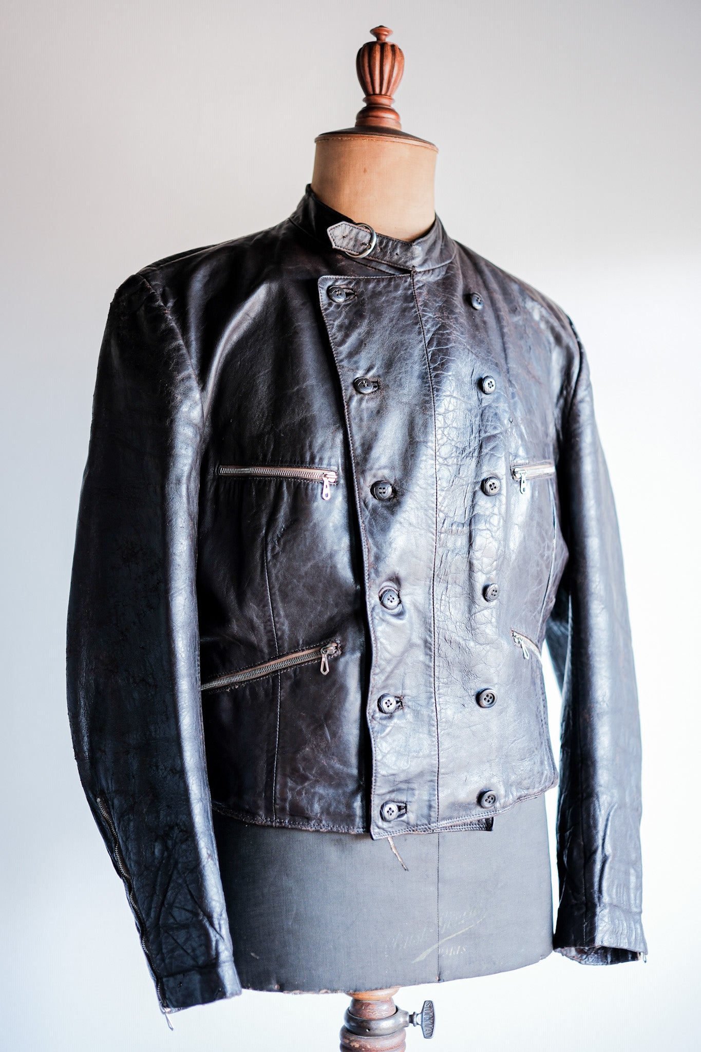 【~40's】German Vintage Double Breasted Motorcycle Leather Jacket